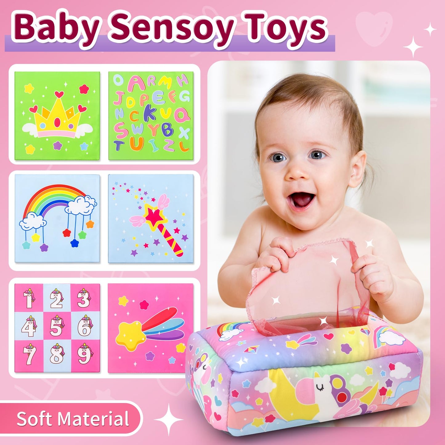 usrela 3 in1 Baby Toys 12 to 18 Months - Busy Board Sensory Toys, Tissue Box Toy, Pull String Teether, Learning Toy for Babies, Infant Gifts for 12 18 Months Old