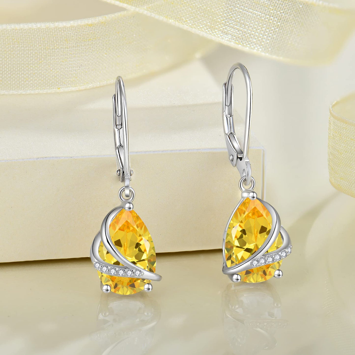 Rocayi Teardrop Citrine Earrings 925 Sterling Silver Dangle Drop Earrings November Birthstone Jewelry for Women