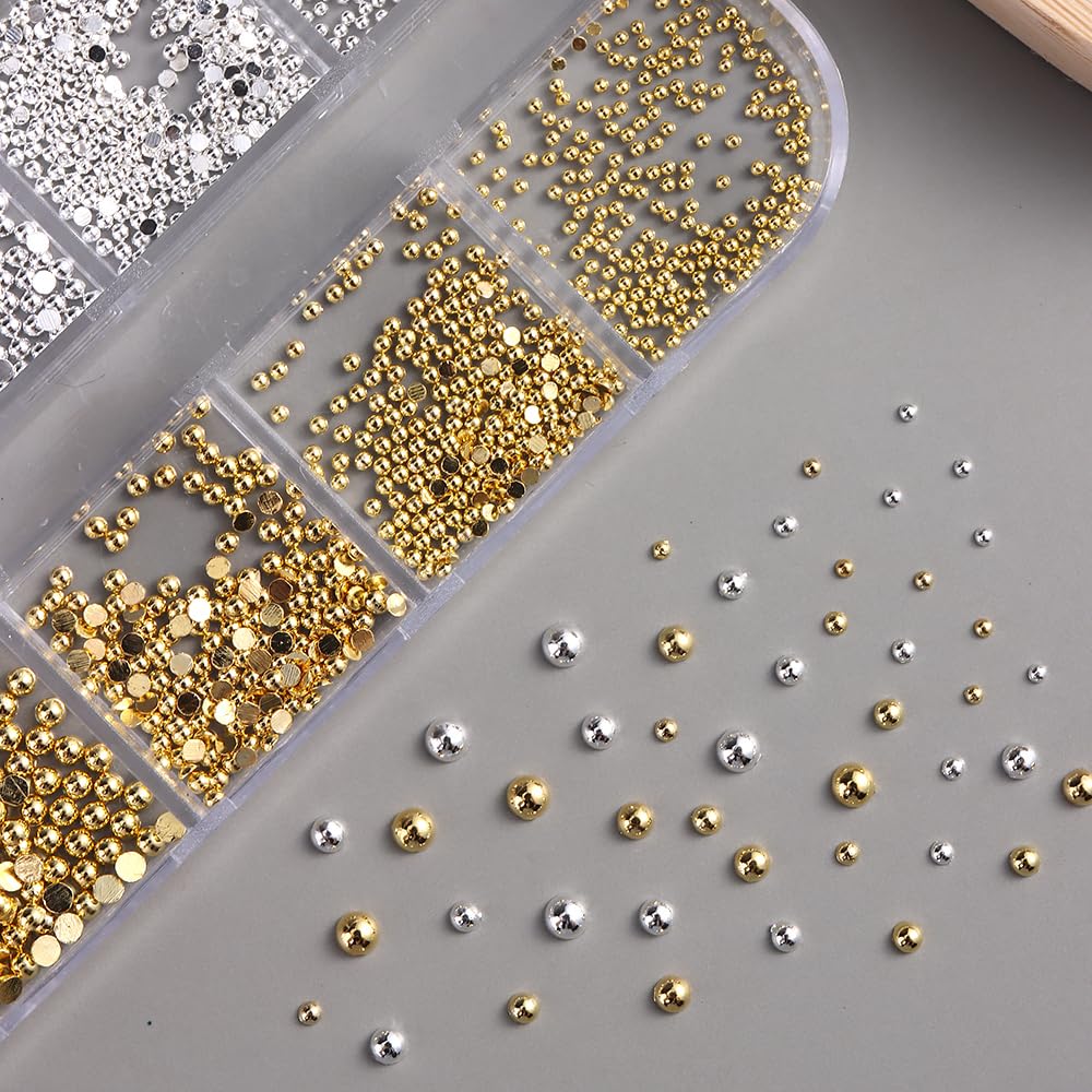 Silver and Gold Nail Charms and Gems, Mixed Sizes Half Round Flatback Stainless Steel Beads Metallic Caviar Beads Nail Rivets Studs Jewels with Tweezers Manicure Decorations DIY Crafts