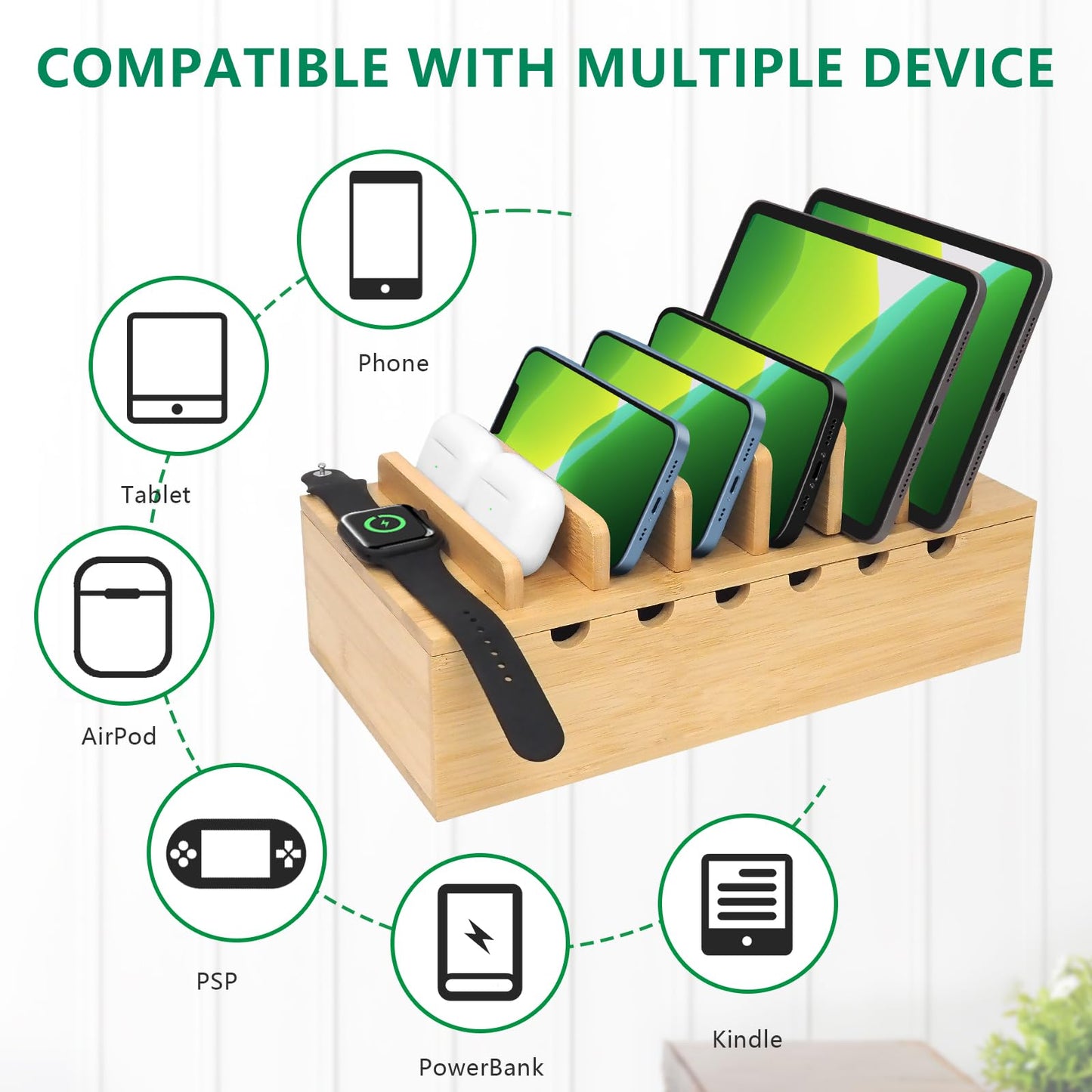 LEOKKARR Bamboo Charging Station for Multiple Devices (Includes 5 Port USB Charger, 6 x Charge Cables), Upgrade Desk Docking Stations Organizer for iPhone Devices, Tablets, Laptop Holder Stand