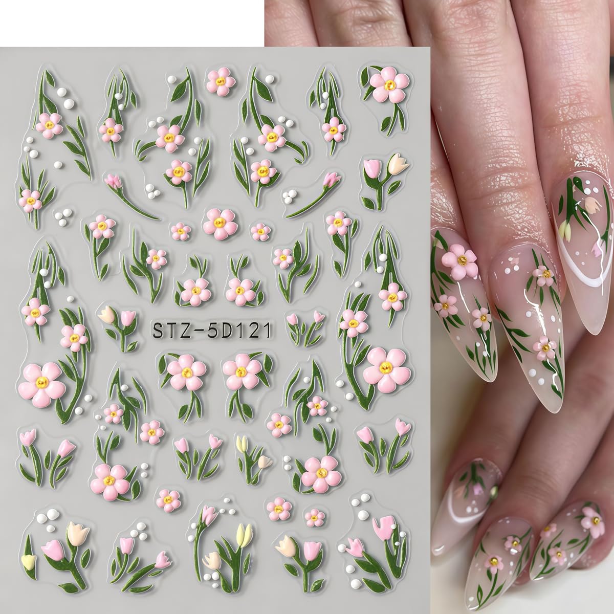 3 Sheets Flower Nail Art Stickers Decals 5D Self-Adhesive Nail Decals Spring/Summer Pink Peach Blossom Designs, Self-Adhesive Decals for Women's Nail DIY Decoration