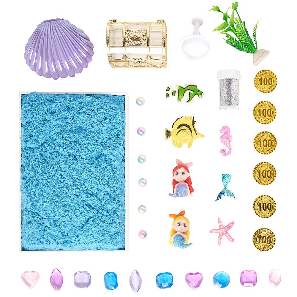 Sensationally OT 38 PCS Mermaid Sensory Bin with 2 lb Magic Sand, Ocean Molds & Treasure Accessories – Creative Sand Play Gift for Girls Ages 3–8