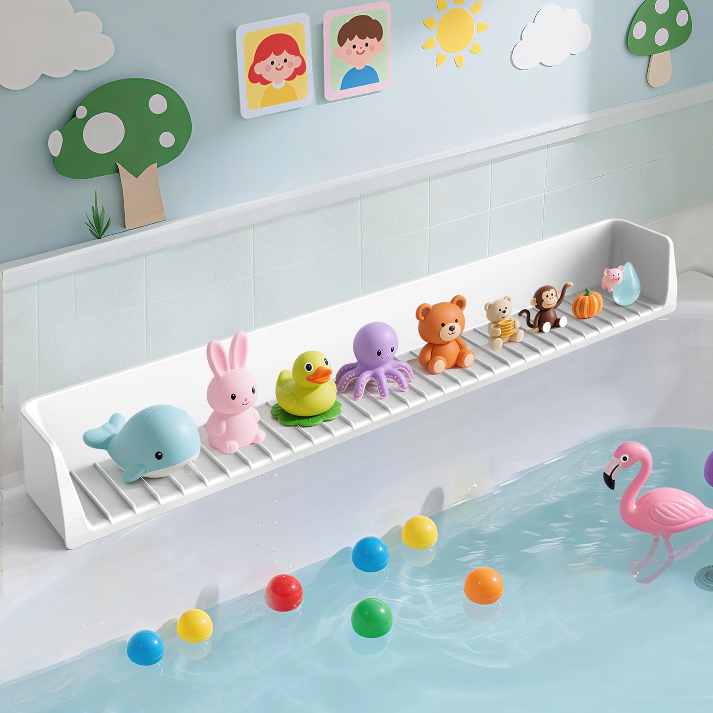 Blgiont Bathtub Splash Guard PlayPad Shelf Area with Strong Suction Cups, Toy Tray Caddy Holder Storage Over Tub, Bathtub Ledge Guard, No Mess Water, Splash Protection Water Barrier for Bathroom-White
