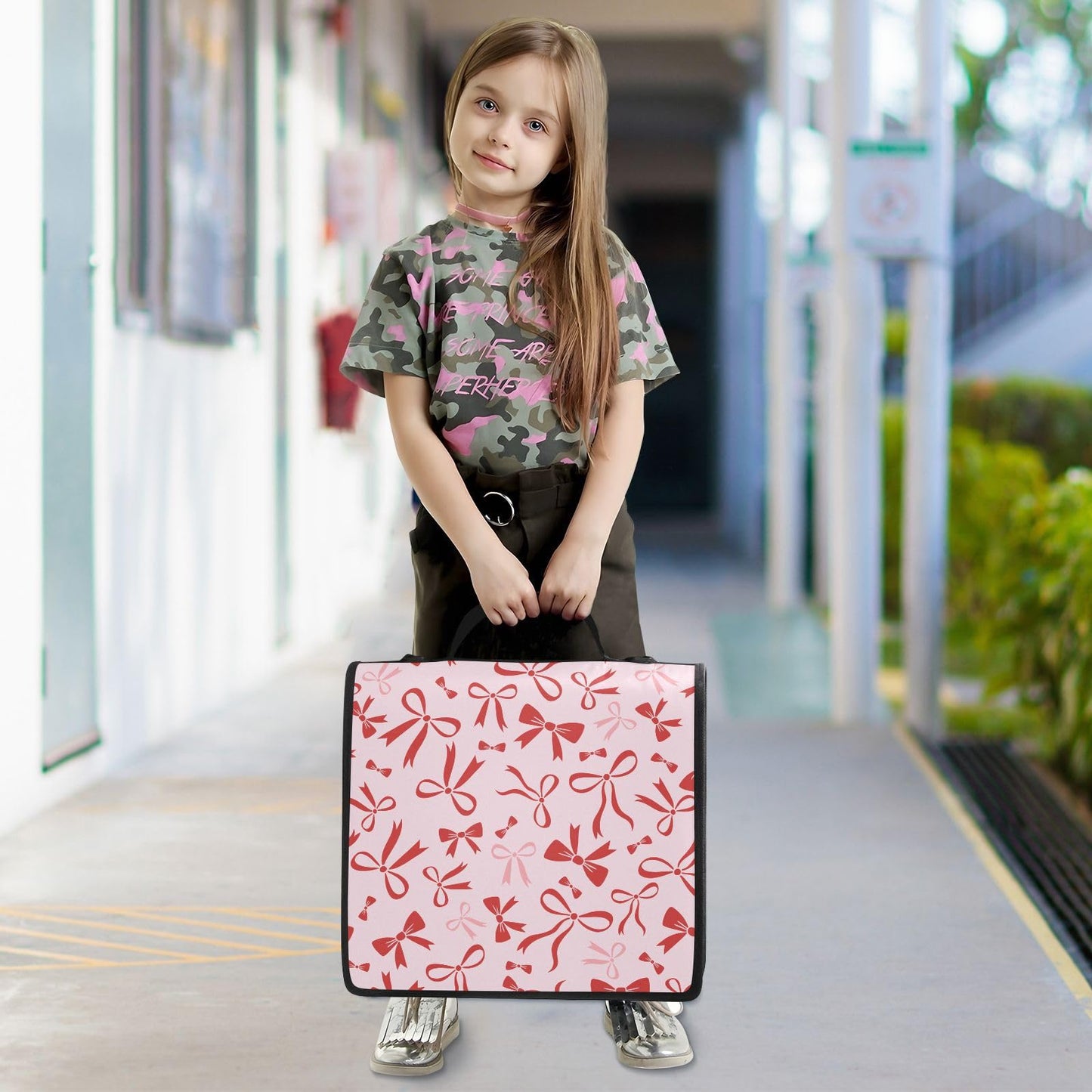 Ribbon Bow Pink Print Zipper Binder Bag 3 Ring with Shoulder Strap & Handle Multi Pocket Binder Organizer Bag Large Capacity for School Office Supplies