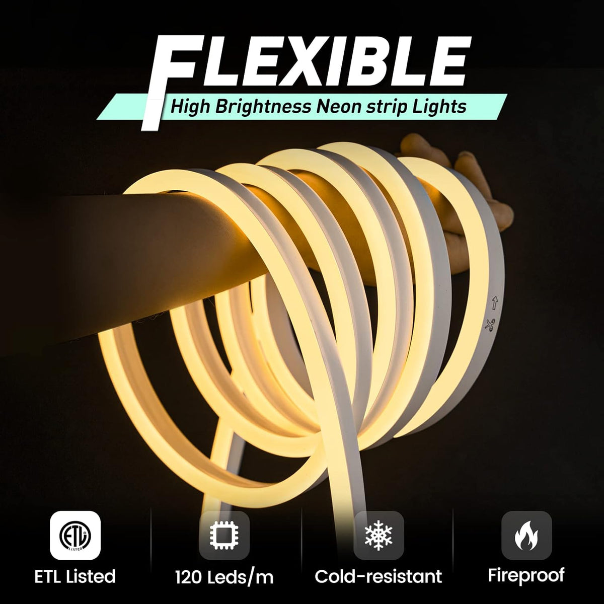 GZBtech Flexible LED Neon Rope Lights 100FT,AC 110-120V Waterproof Strip Light, 120 LEDs/M Cuttable Connectable Neon Lighting for Indoor Outdoor Home Decor/Commercial Building Use-Warm White 30M