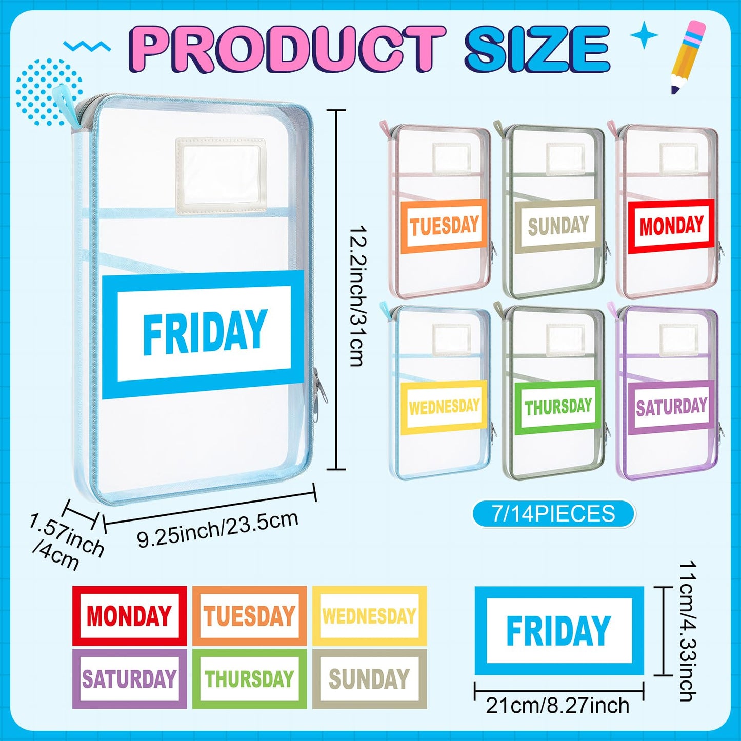 Honoson 14 Pack Packing Cubes for Travel Days of Week Packing Cubes with Labels Clear Zippered Storage Bag for Travel Summer Camp Essentials