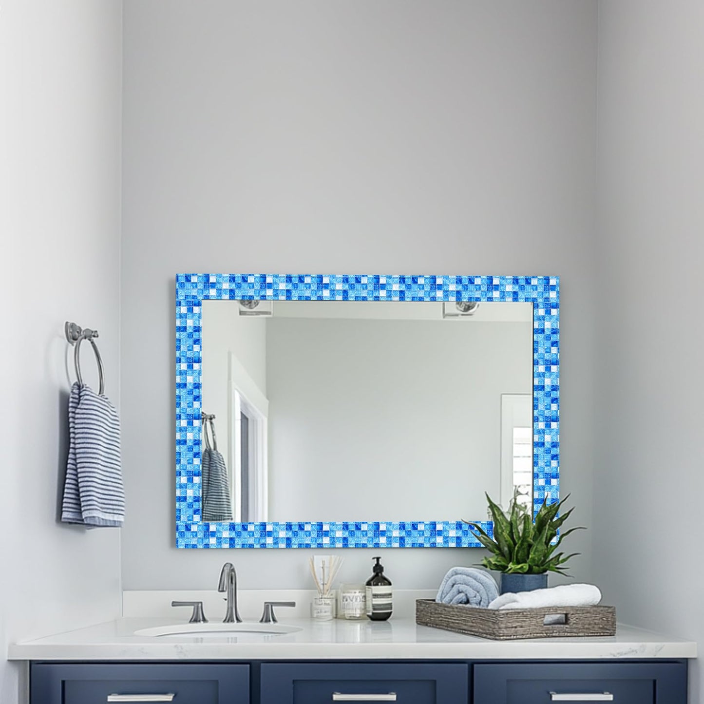 HOMETITUTE Wallpaper Border Peel and Stick Wall Border 4x196 Inch Blue Mosaic Tile Wallpaper Trim Decorative Accent Strip for Bathroom Kitchen Mirror Frame Wall Décor