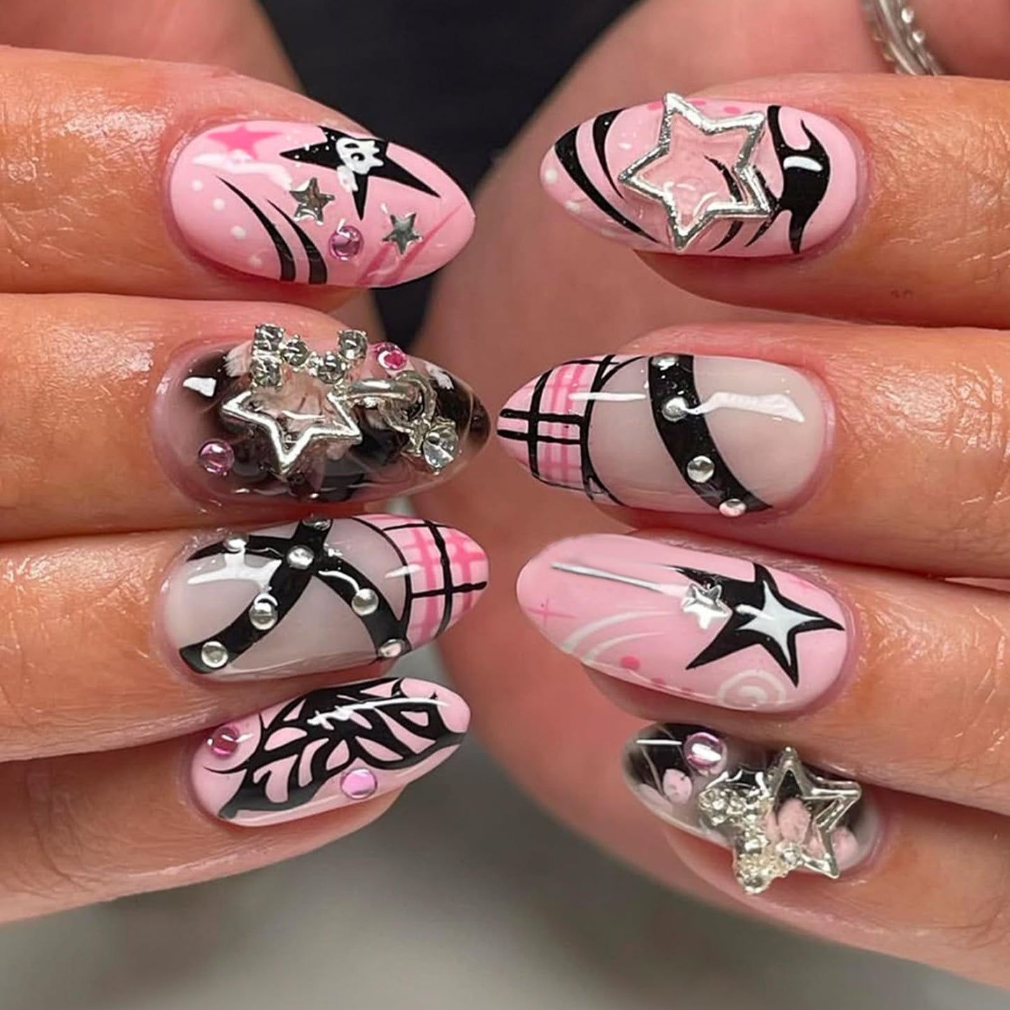 OCTOSWAVE Long Almond Press On Nails, Pink & Black Y2K Fake Nails with 3D Silver Star Charms, Glossy Stick-On Nail Set (24 Pcs) with Jelly Adhesive Tabs, Prep Pad, File & Cuticle Stick