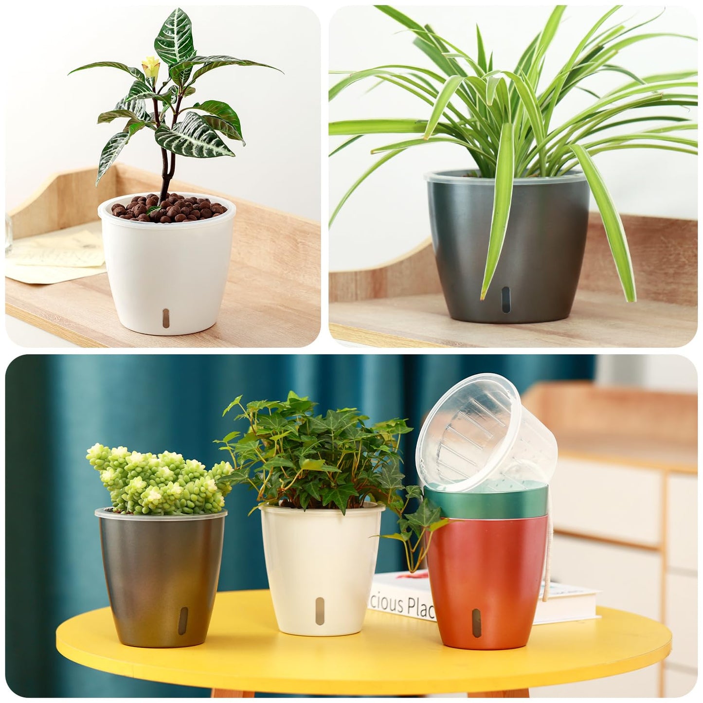 KvyusFlourish Self Watering Pots for Indoor Plants, 6-Pack 6.7'' Self Watering Planter with Drainage Holes, Small African Violet Pots with Water Indicator, Clear Wick Orchid Pot, Grey Gold