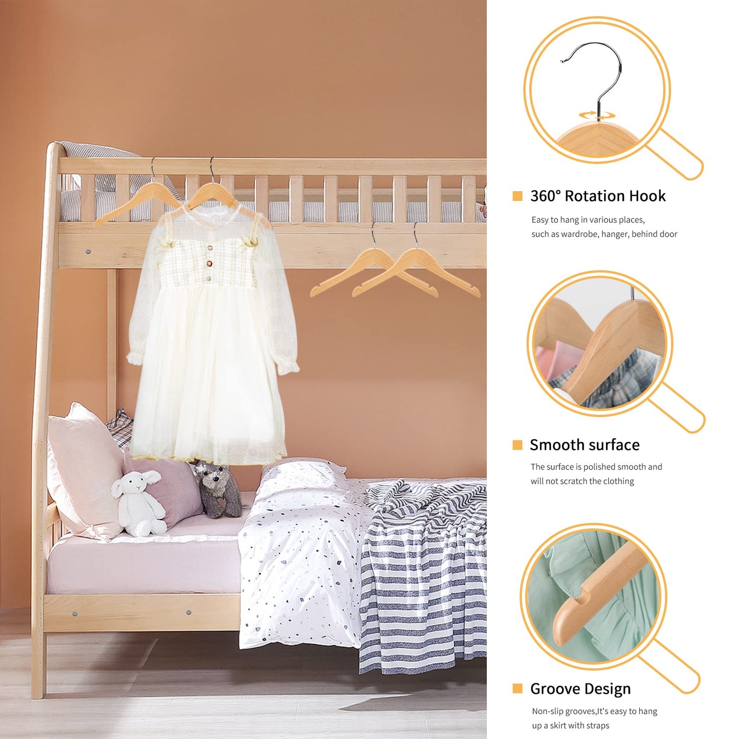 Nature Smile Juniors Preteen Older Children Wooden Coat Hangers 14 Inches Wood Dress Shirt Jacket Hangers with Anti-Rust Hook (20 Pack Natural)