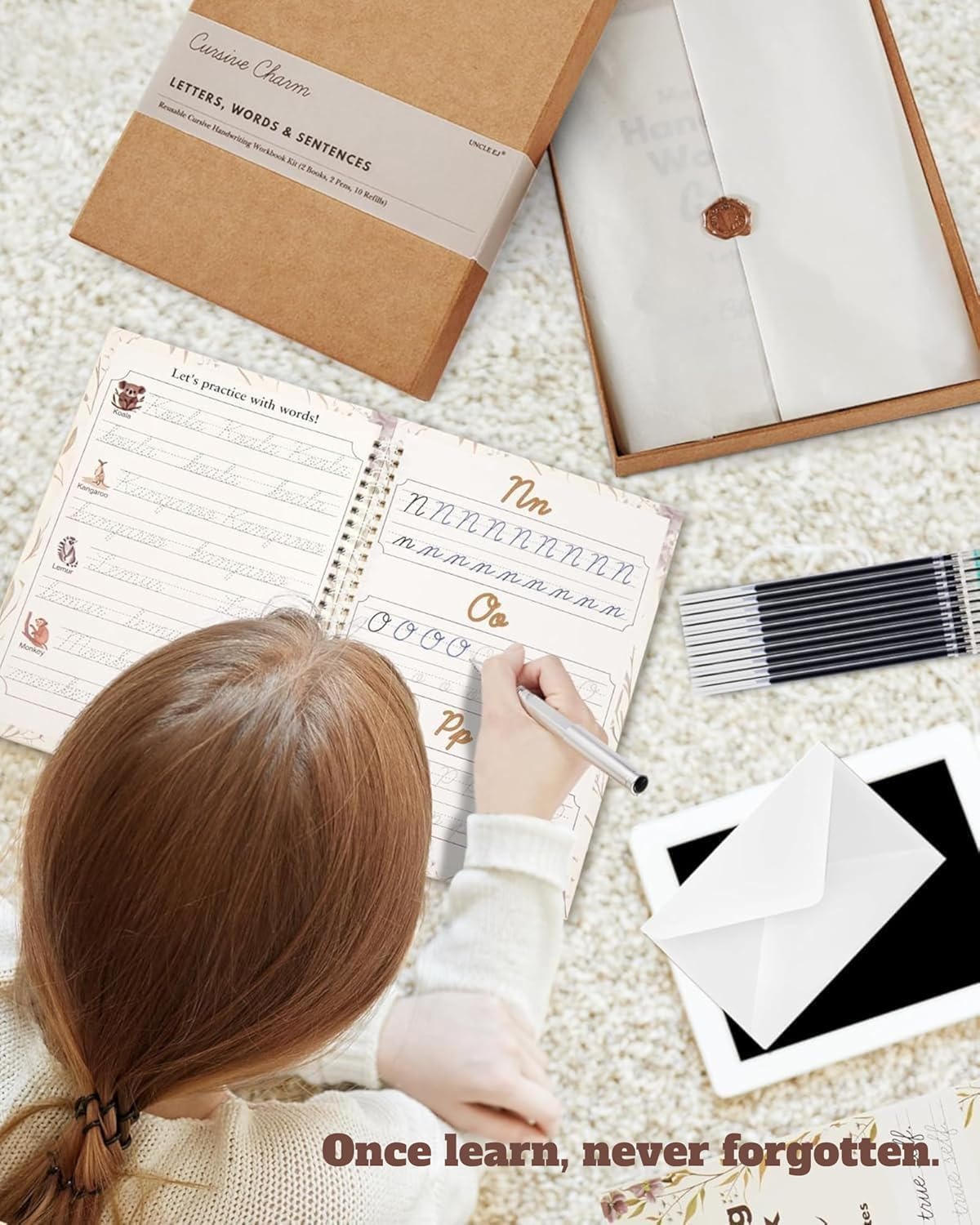 UNCLE EJ® Grooved Cursive Handwriting Workbook Kit - Reusable Cursive Workbook for Kids 8-12 and Adults, Magic Grooved Handwriting Practice, Letters Words Poetry & Affirmations, Cursive Charm, 9.8"x7"