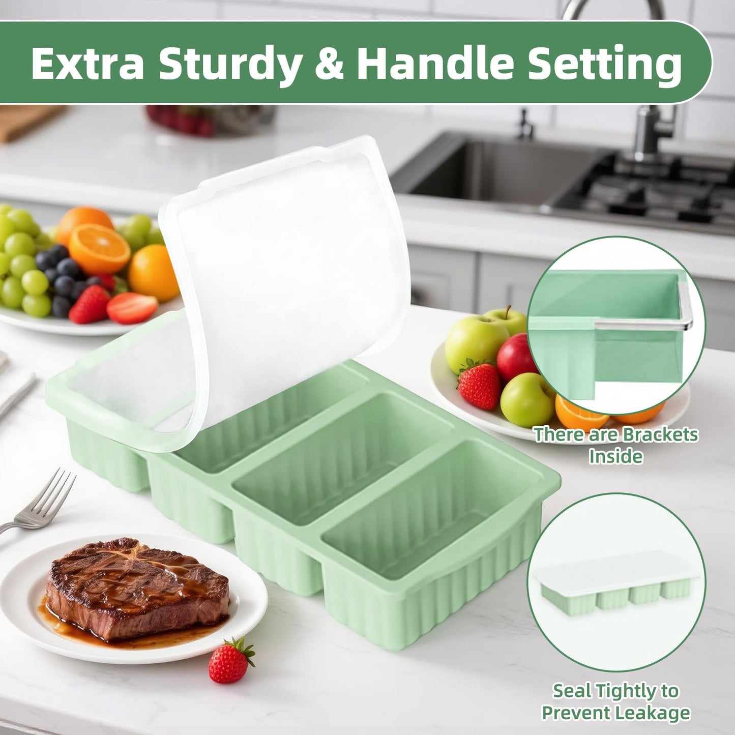 Silicone Freezer Tray With Lid, Soup Freezer Container Molds, Large Ice Cube Tray Set, 1 Cup & 2 Cup Portion Freezer Trays for Soup, Sauce & Broth, Meal Prep Containers, Oven & Dishwasher Safe, Green