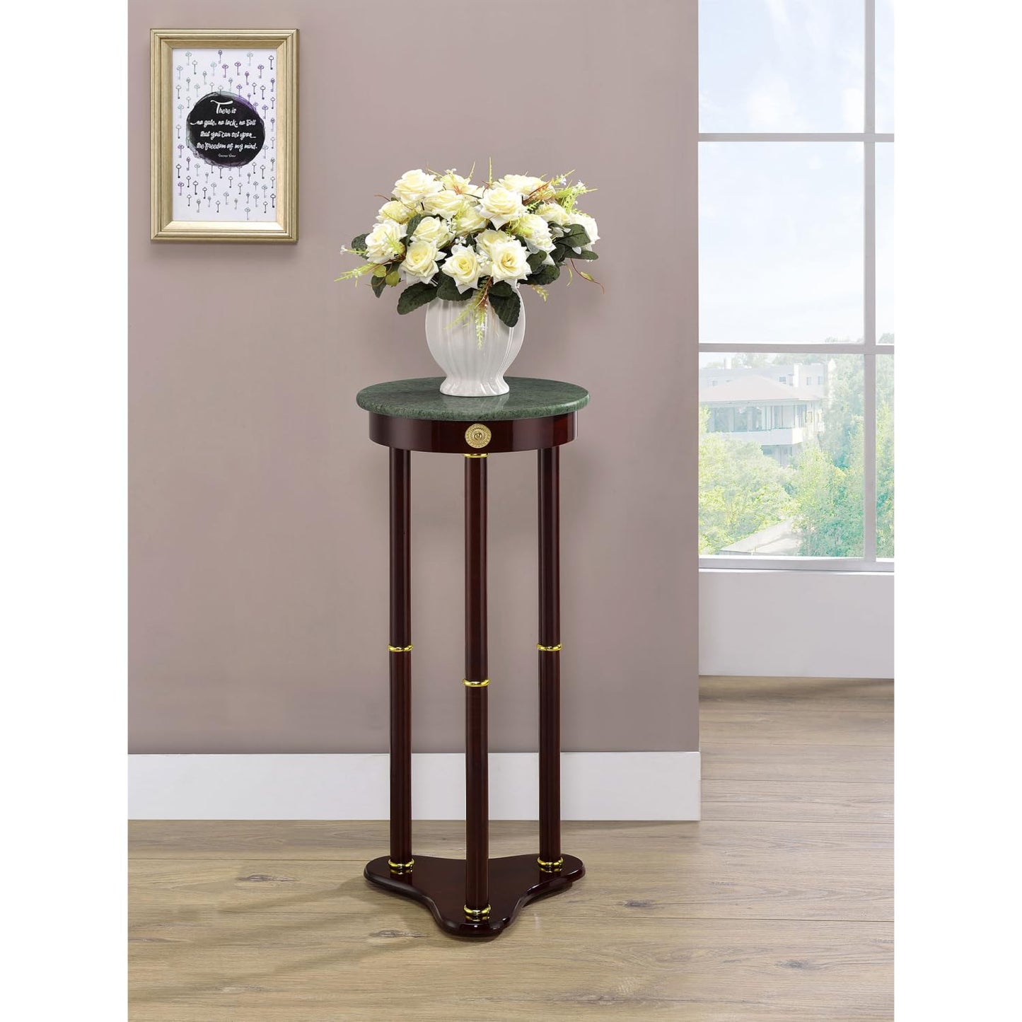 Elna Merlot and Green Accent Side Table with Round Top Plant Stand