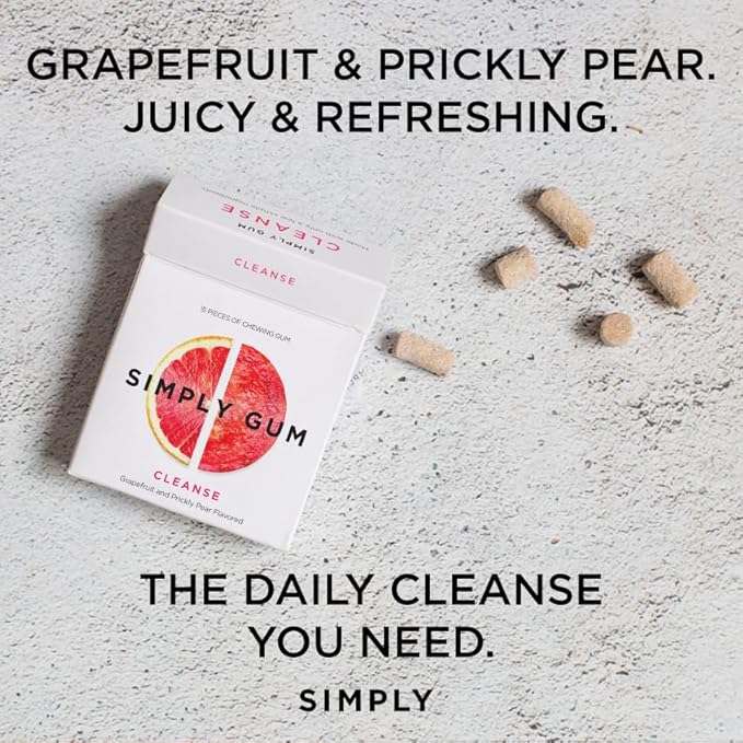 SIMPLY Gum Cleanse (Grapefruit and Prickly Pear), Plastic-Free Natural Chewing Gum, 12 Pack (180 Pieces) | Vegan, Kosher, Non GMO, Aspartame Free and Sorbitol Free