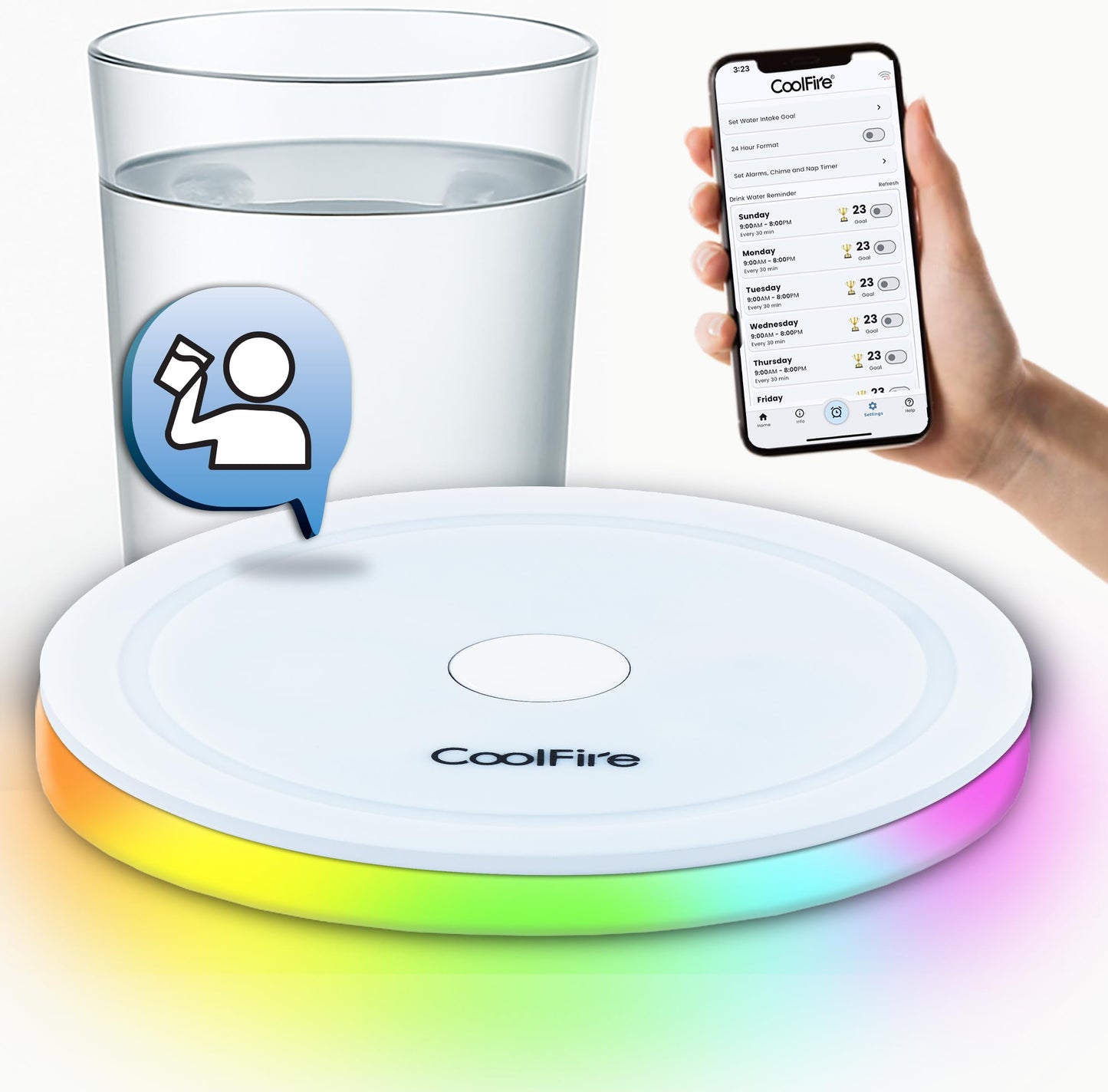 CoolFire Self-Care Gift – Smart Hydration Reminder Coaster with Voice (English only) Alerts, Ambient Light & Changeable Mood Covers for Pregnancy, ADHD, Stress Relief & Everyday Wellness (F)