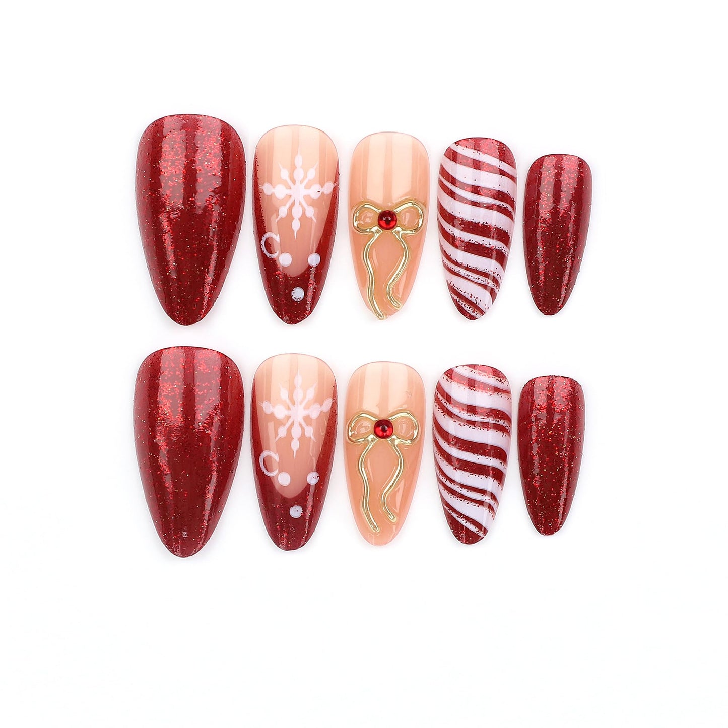 plalely Almond Press on Nails Long Christmas Fake Nails Embossed Bow Stick on Nail Tips for Women 24pcs