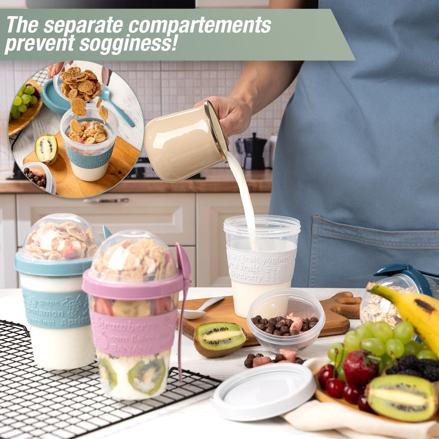 EYNEL 4 Pack Reusable On The Go Yogurt Parfait Cups, Breakfast Plastic Containers with Lids and Spoons, Perfect Jars for Overnight Oats Cereal Granola Oatmeal Smoothies and Snack Prep