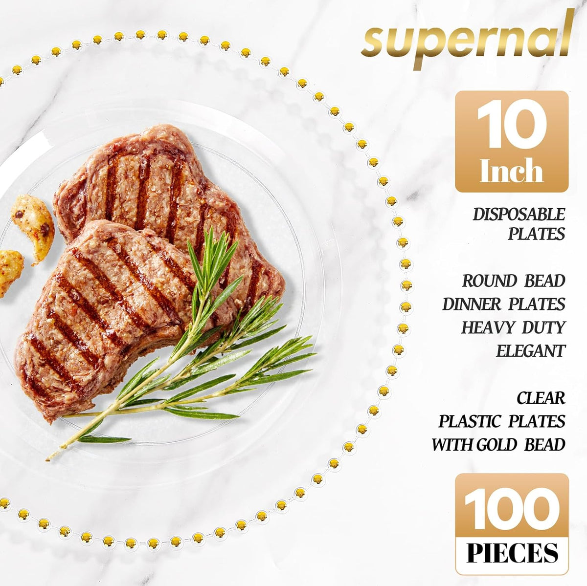 supernal 100 Pieces Clear Plastic Plates, 10 Inch Elegant Disposable Plates with Gold Rim, Heavy Duty Plastic Dinner Plates for Christmas, Thanksgiving, Party, Wedding and Birthday