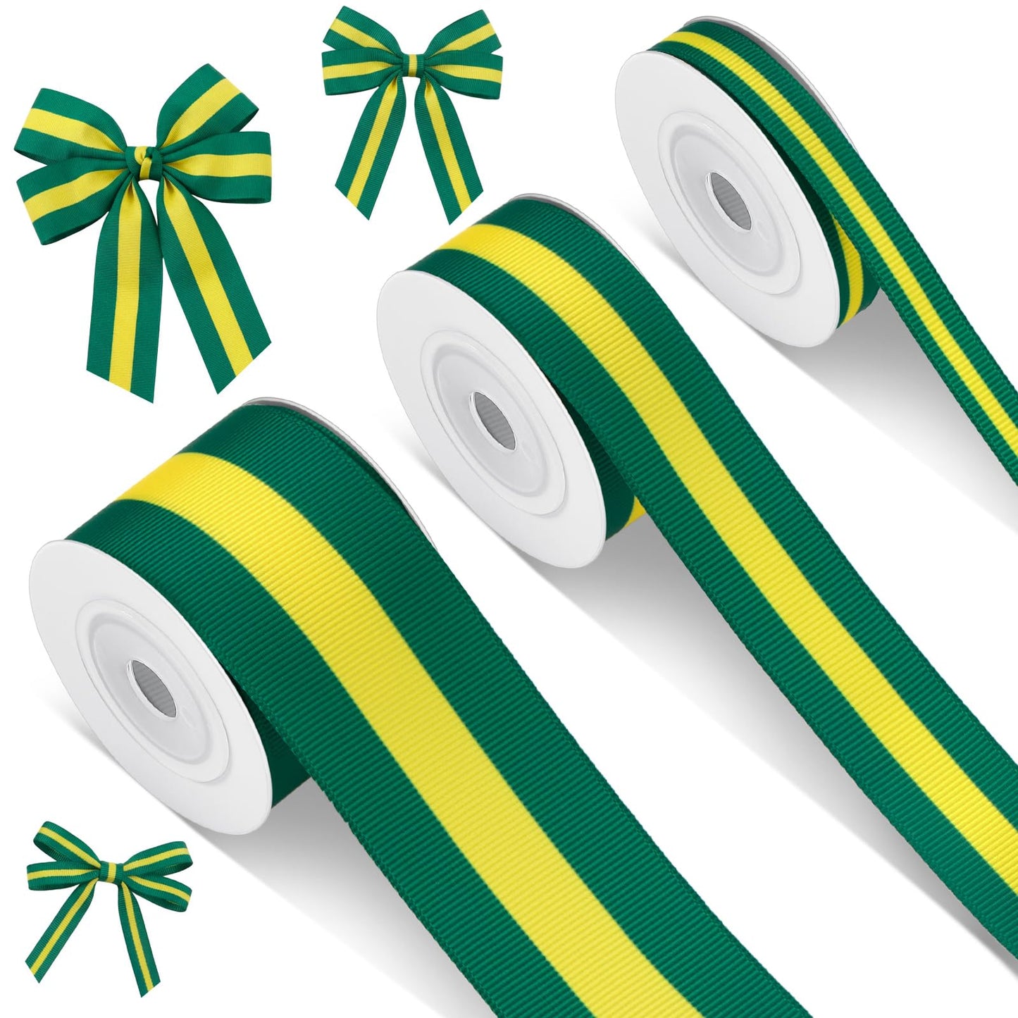 Cunno 3 Rolls Green Gold and Yellow Stripe Grosgrain Ribbon Decorating Material Double Face Polyester Fabric Ribbons Roll for Christmas Home DIY Gift Wrapping Crafts, 0.4, 0.87, 1.5 Inch Wide, 15 Yard