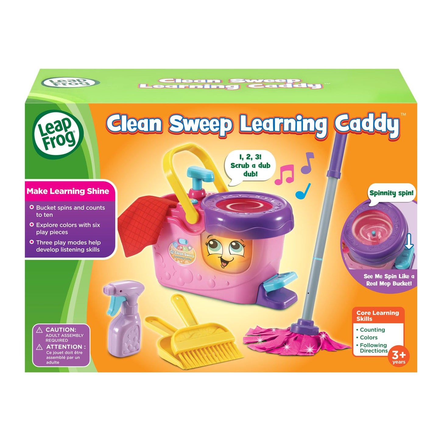 LeapFrog Clean Sweep Learning Caddy, Kids Mop and Broom Cleaning Toy Set for Ages 3-5, Pink