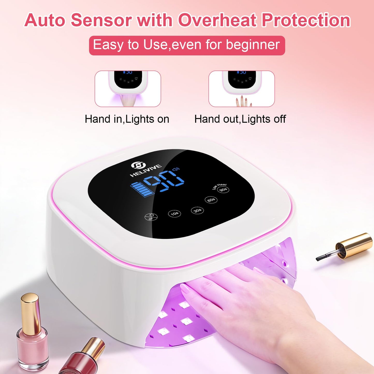 HELIVIVE Cordless UV LED Nail Lamp, 80W Rechargeable Nail Dryer with 4 Timers, Atmosphere Light & Mirror Base, UV Light for All Gel Nails, Ideal for Training,Nail Art Practice,Home & Salon Use (White)