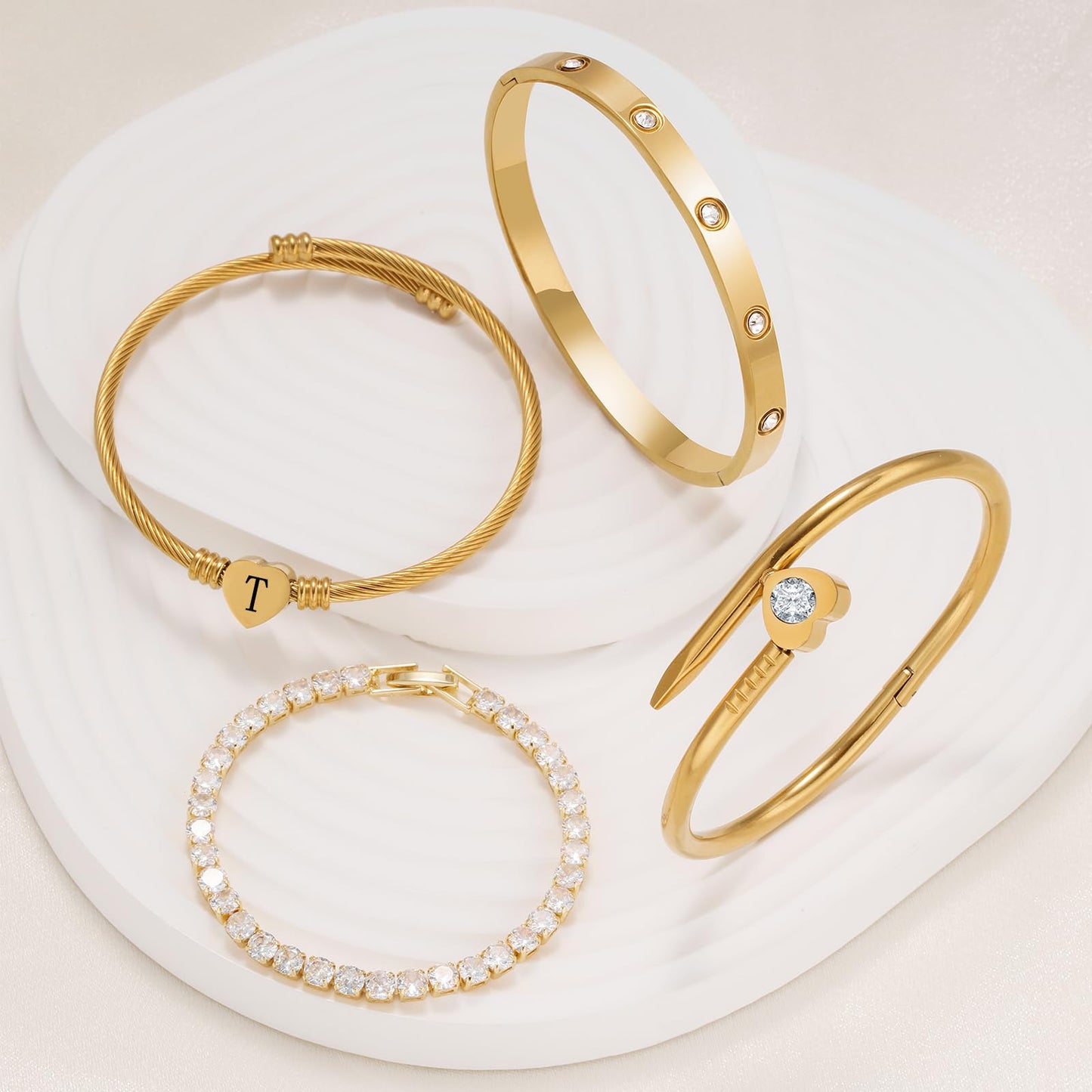 MEIERYA18K Gold Plated Nail love Bangle Bracelet Set for Women,Cubic Zirconia,Adjustable tennis bracelet Trendy Gift Jewelry for Mother's Day Anniversary (14-Style-T)
