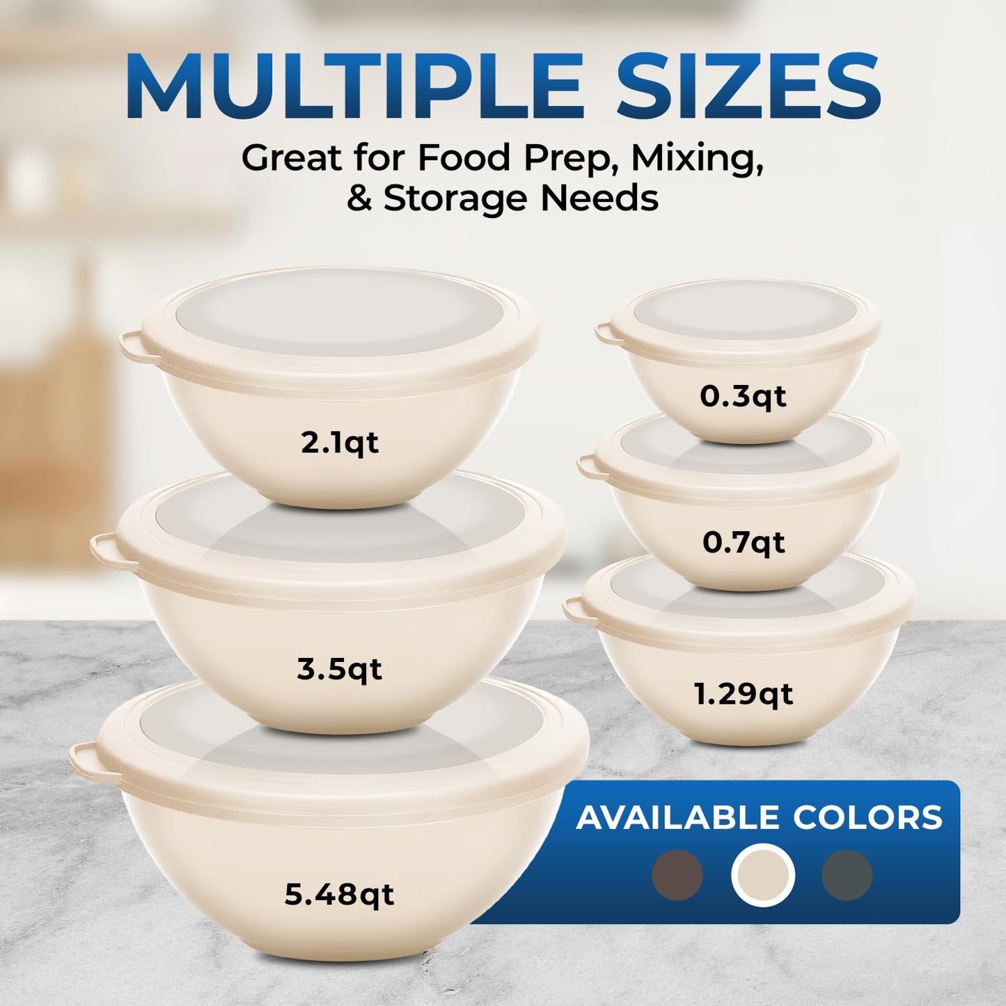 Bakken Master 12 Piece Plastic Nesting Bowls with Lids - Mixing Bowls Set includes 6 Prep Bowls and 6 Lids, BPA-Free, Reusable Meal Prep Containers, Microwave, Freezer & Dishwasher Safe, White Cream