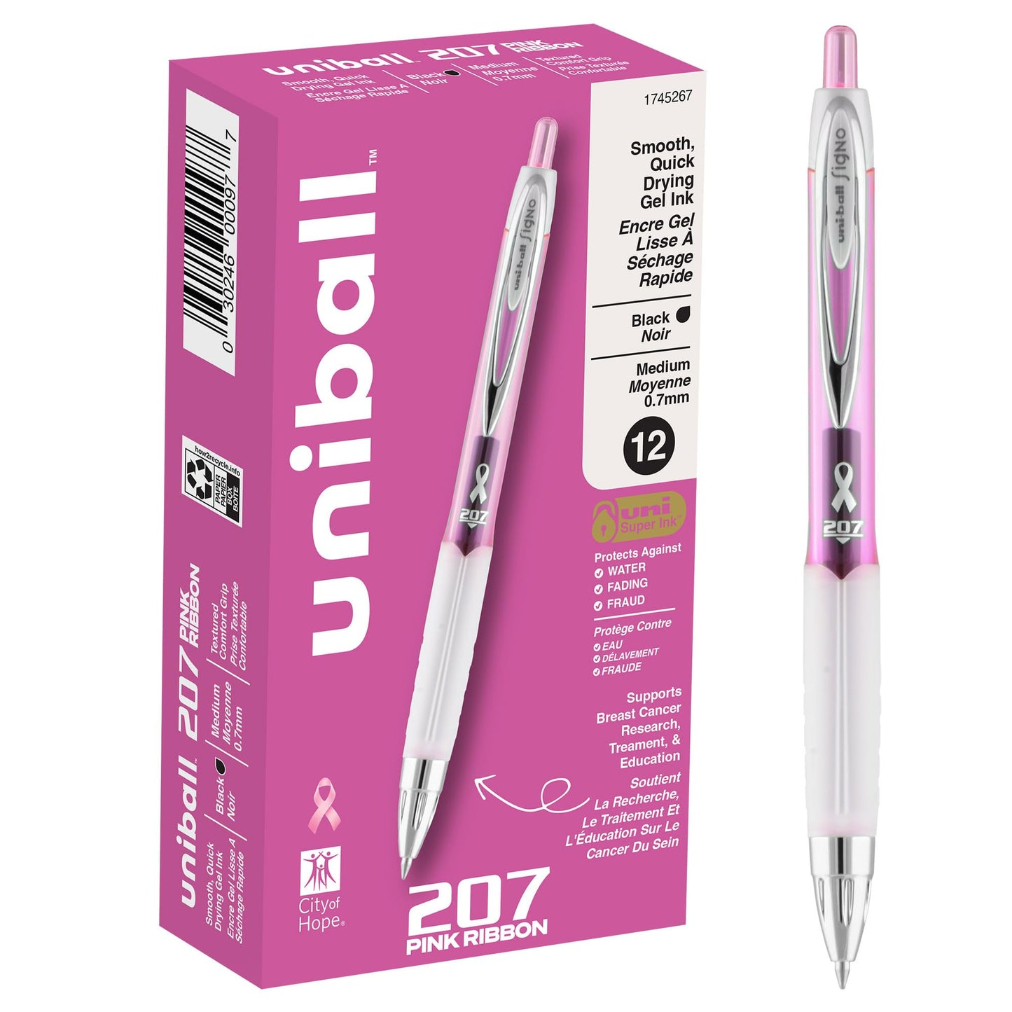 uniball 207 Pink Ribbon Retractable Gel Pens, Medium Point (0.7mm), Black, 12 Pack