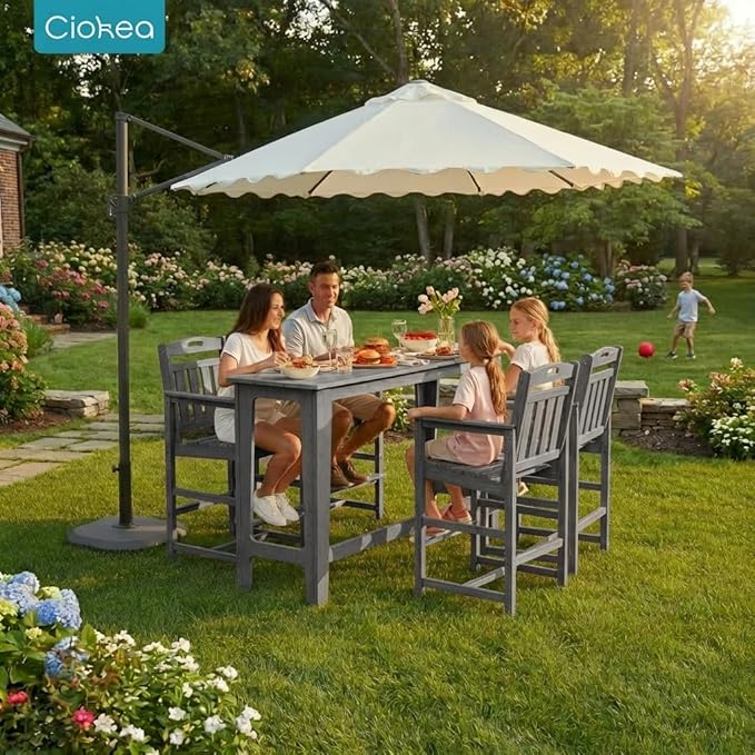 Ciokea Outdoor Bar Height Table Set of 5, 60" Extra Long Rectangle High Top Table and 4 Oversized Adirondack Chairs Set, Heavy-Duty All-Weather HDPE Patio Bar Set for Backyard Balcony Deck, Grey