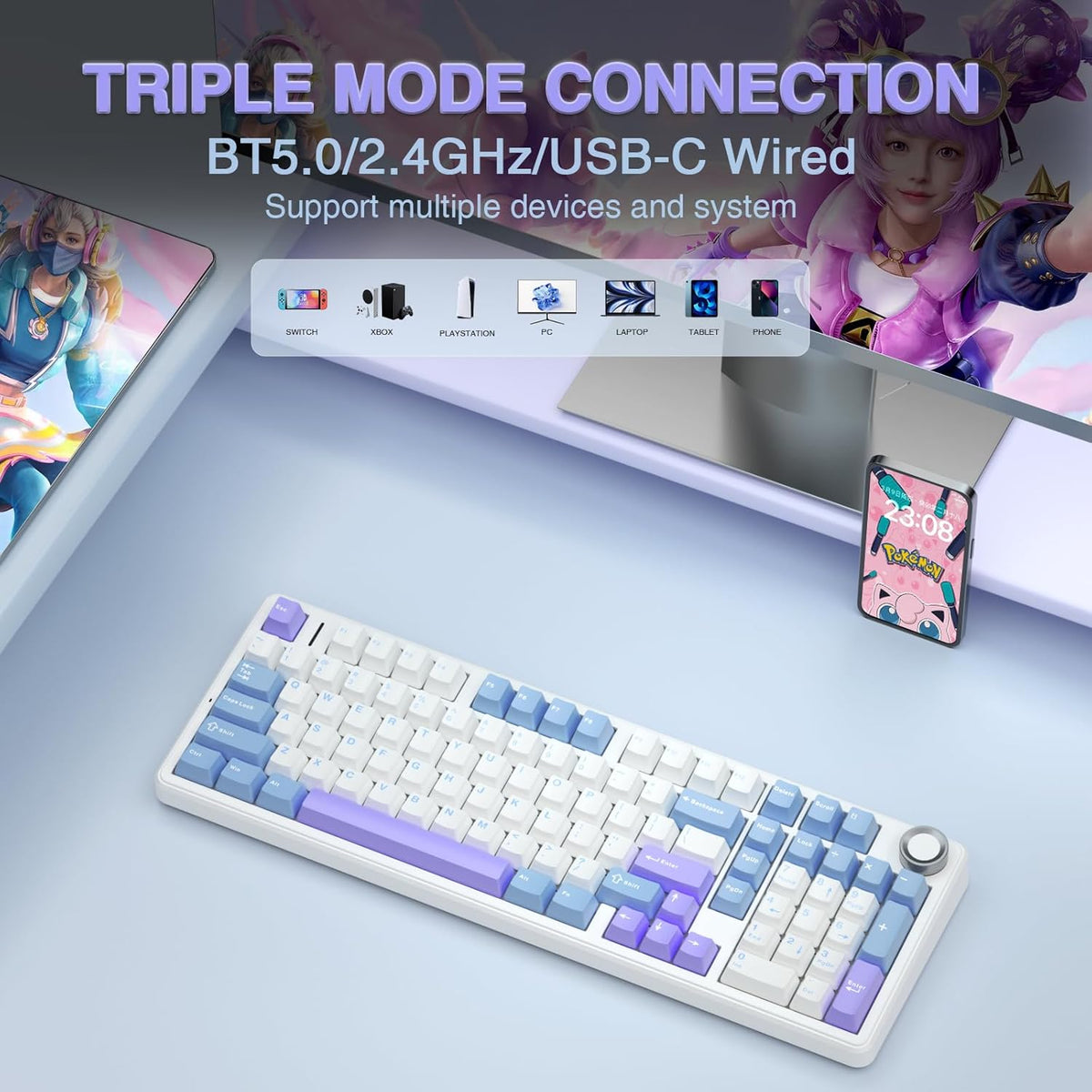 AULA F99 Pro Wireless Mechanical Keyboard with Knob,Tri-Mode BT5.0/USB-C/2.4GHz Hot Swappable Keyboard,Pre-lubed Switches,RGB Backlit Computer Gaming Keyboards (White&Blue&Purple)