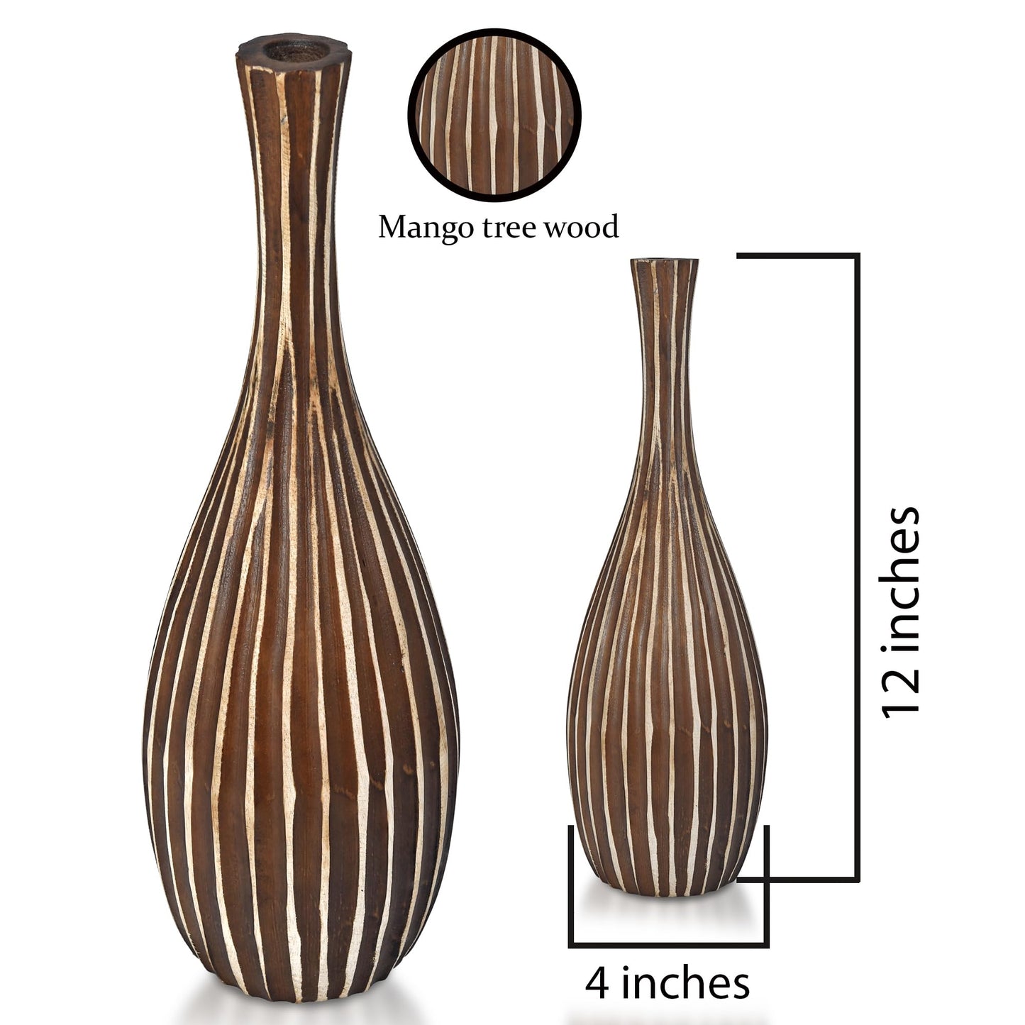 AeraVida Hand-Carved Tall Teardrop Mango Wood Vase with Vertical Stripes | Handmade Eco-Friendly Decor for Dried or Silk Flowers