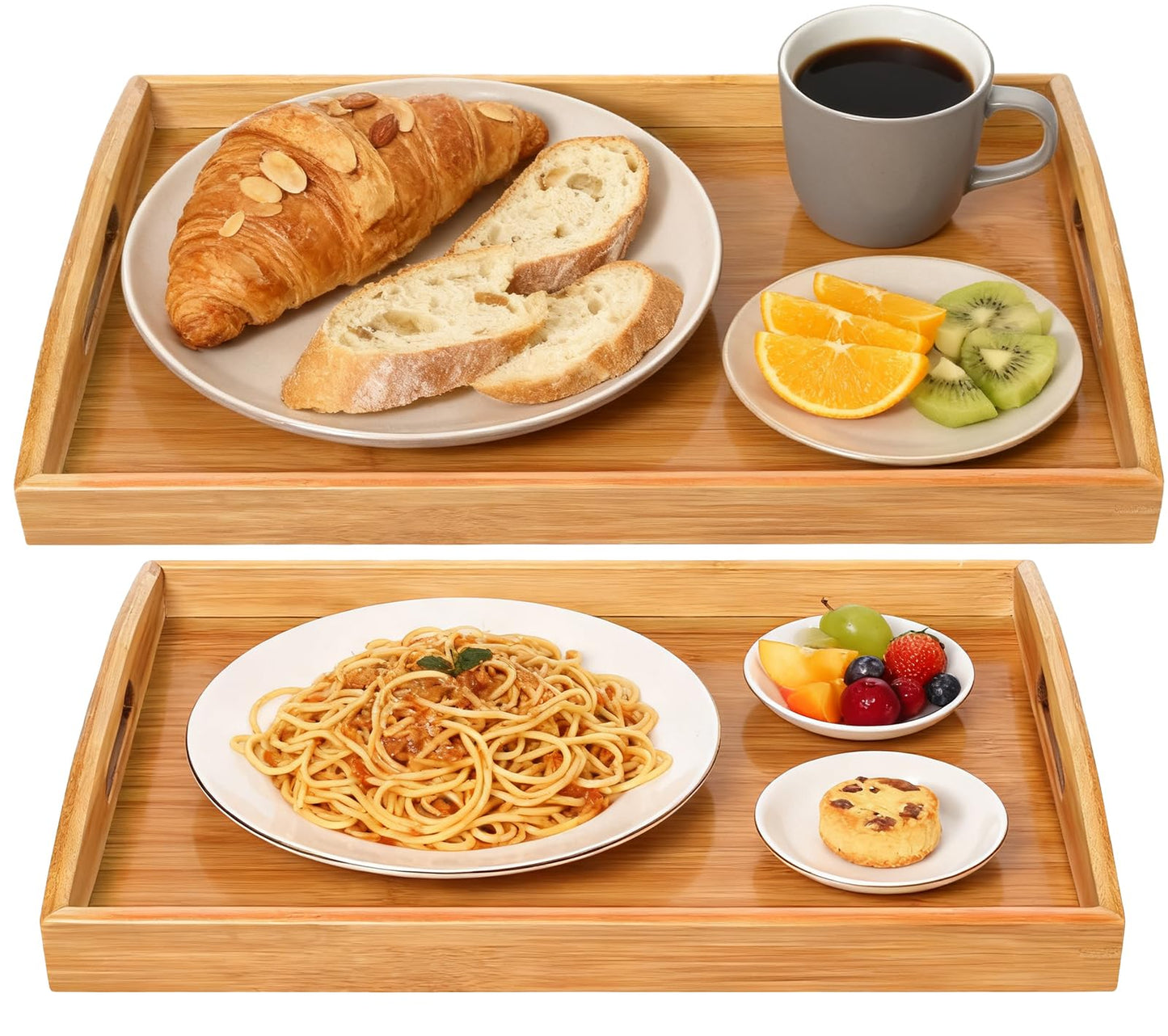 2-Pack Bamboo Serving Trays with Handles, 16" and 13", Decorative Food Tray Set for Breakfast, Coffee, Tea, Snacks, Ideal for Coffee Table, Ottoman, Living Room & Kitchen