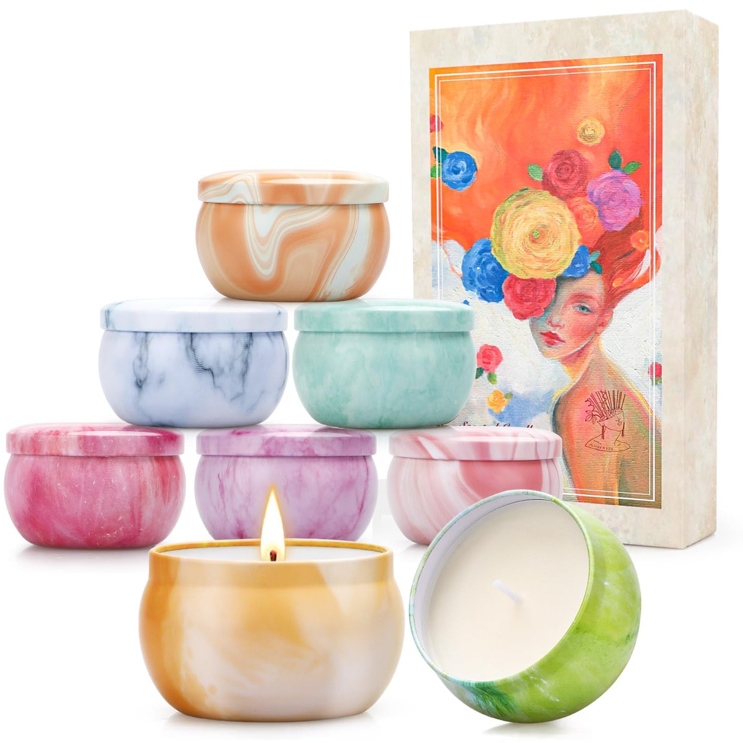 Aromatherapy Candle Gift Set for Women, 8 Pack Fruity Floral Soy Wax Candles, Artist-Designed Gift Box