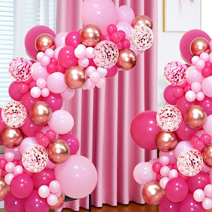 Hot Pink & Rose Gold Balloon Garland Arch Kit, 145 Pcs – Confetti & Metallic Latex Balloons for Girls Birthday, Bridal Shower & Princess Party
