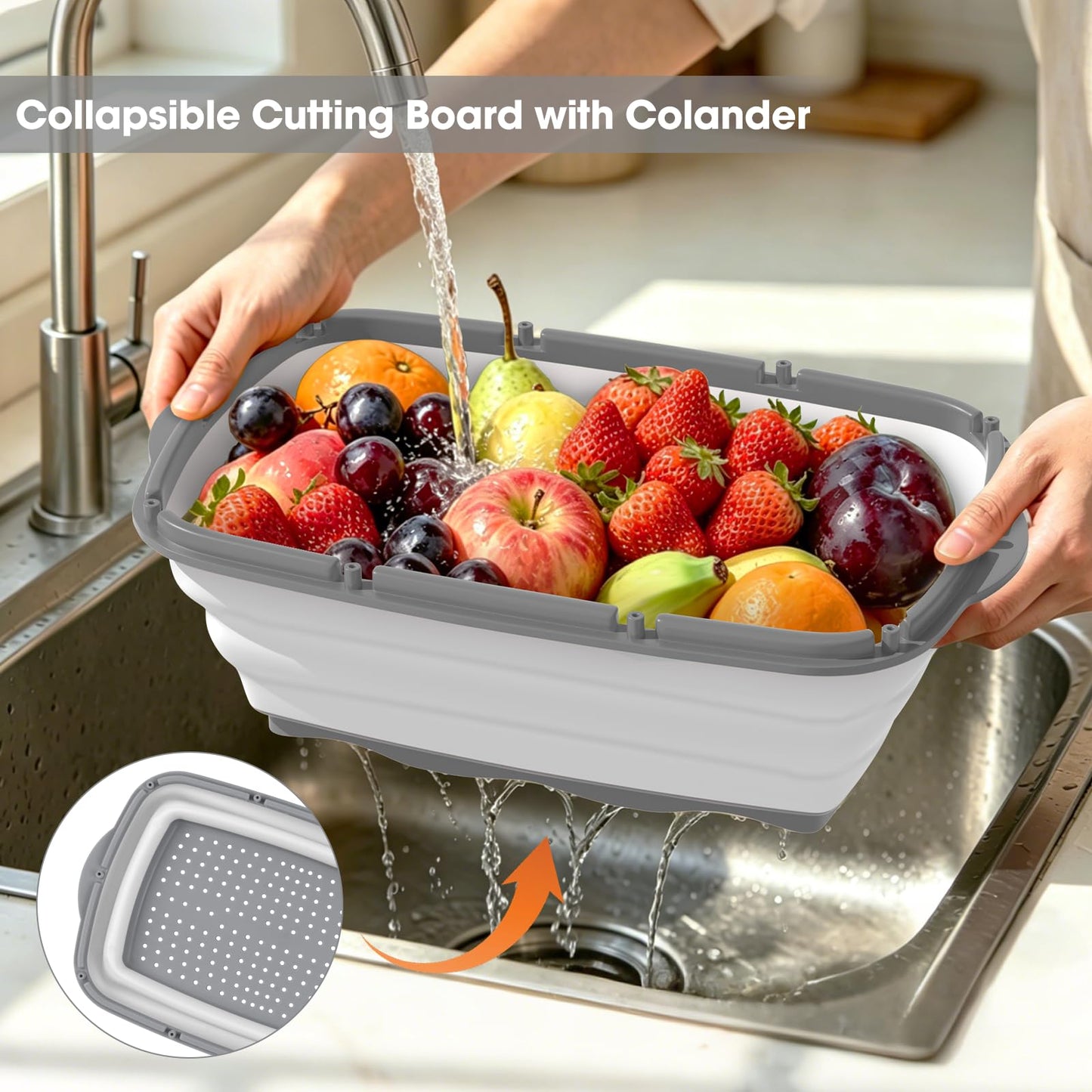 Gintan Camping Cutting Board, 9-in-1 Collapsible Chopping Board with Colander, Kitchen Vegetable Washing Basket for Camping, Camping Gifts Camping Accessories for RV Campers (Gray)