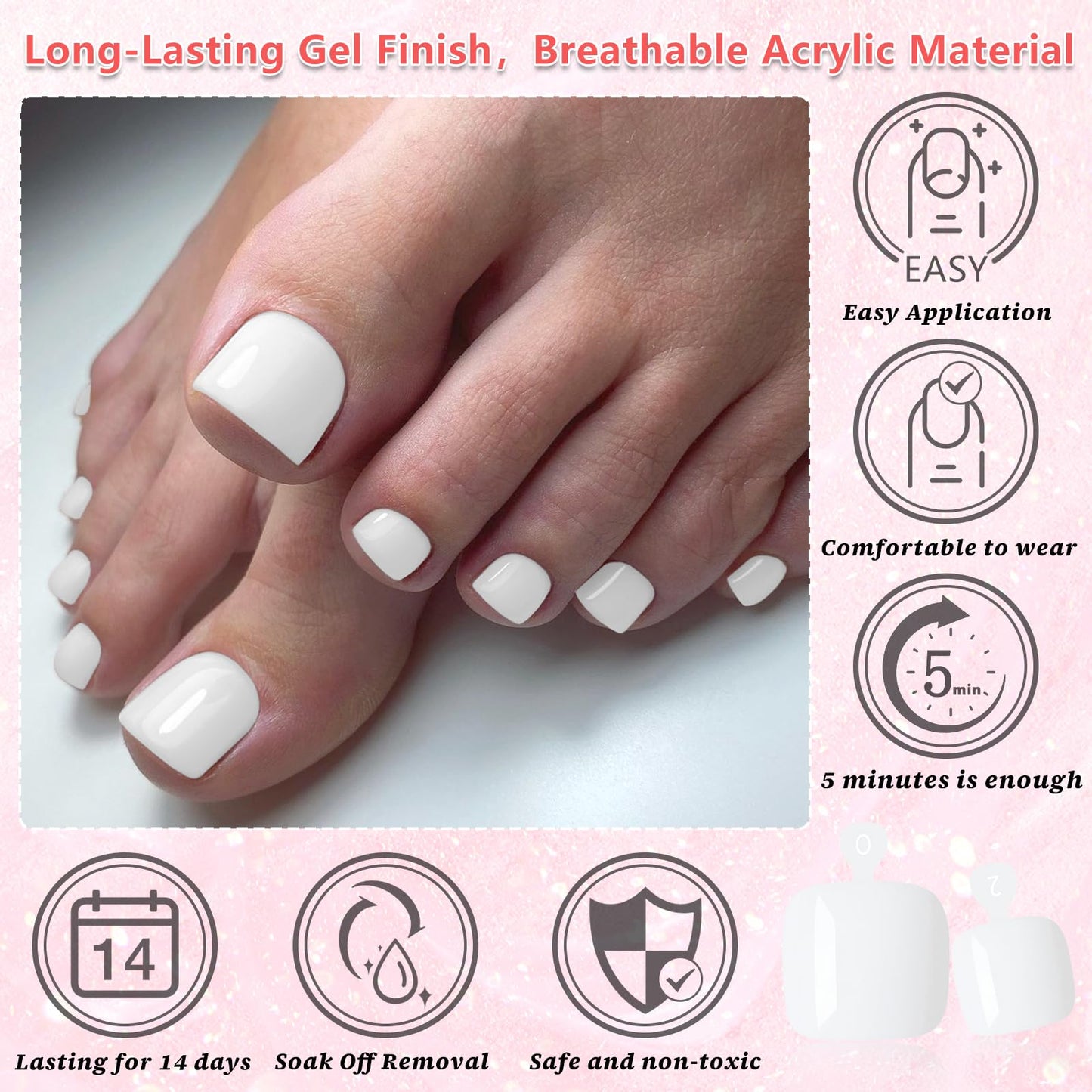 EternalClassic 144pc Press on Toenails for Women Toe Nail Press ons Short Square with Glue&Jelly Glue, White Fake Toe Nails Glue on Toe Nails, Full Cover Acrylic Artificial Toe Press on Nails