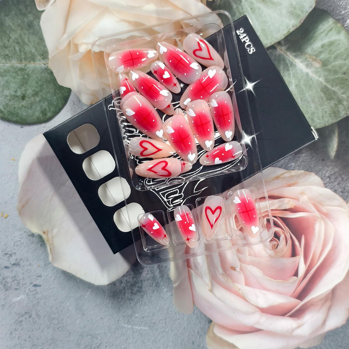 Pink Valentines Press on Nails Medium Almond Translucent Red Love Artificial Acrylic Fake Nails White Love Coffin Nails Full Cover Glossy Heart Glue on Nail Artificial Fingernails for Women Manicure