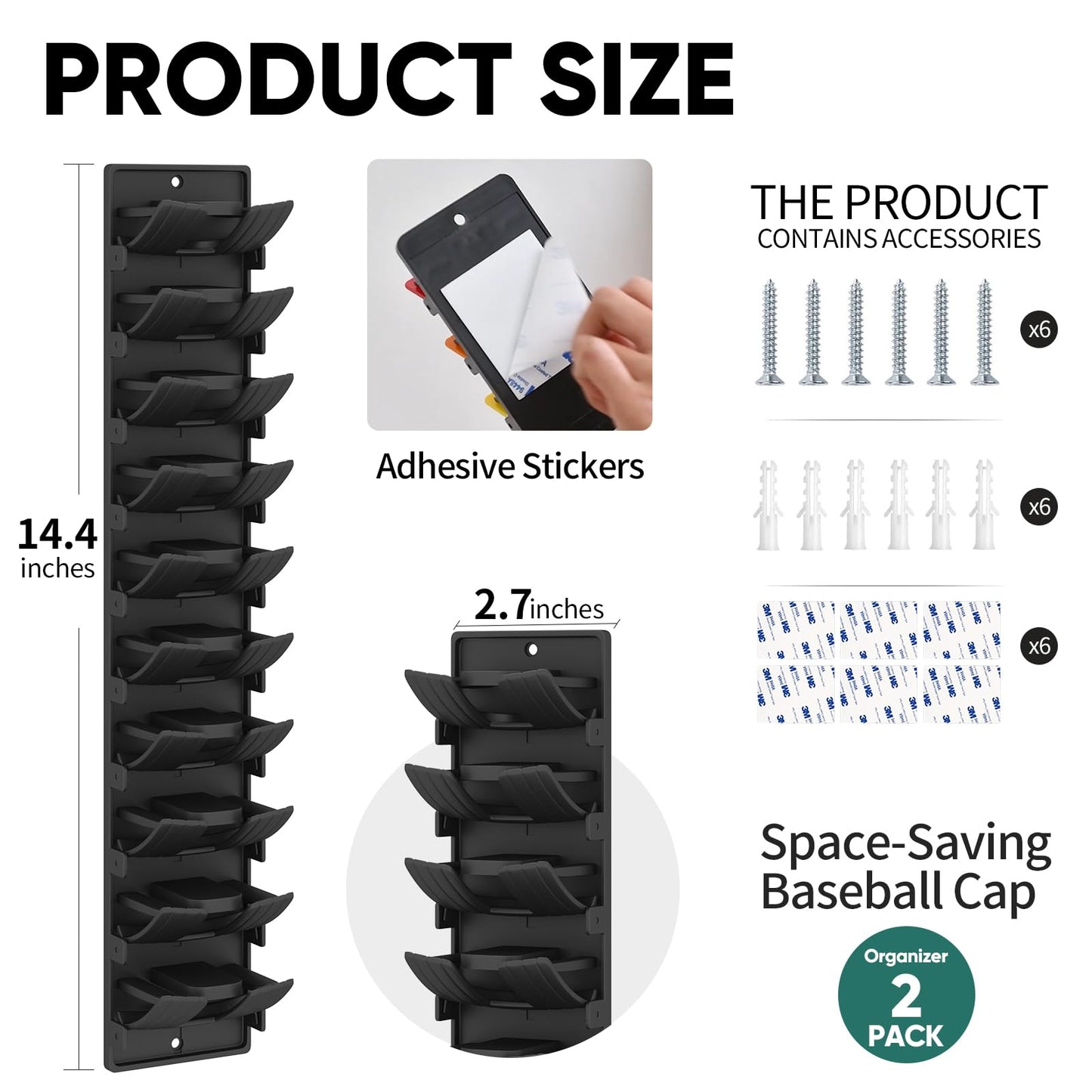 Dazioter Hat Organizer for Baseball Caps, 2 Pack Wall Mount Hat Rack with Spring Clips, Holds 20 Caps, Black Hat Holder for Closet Door