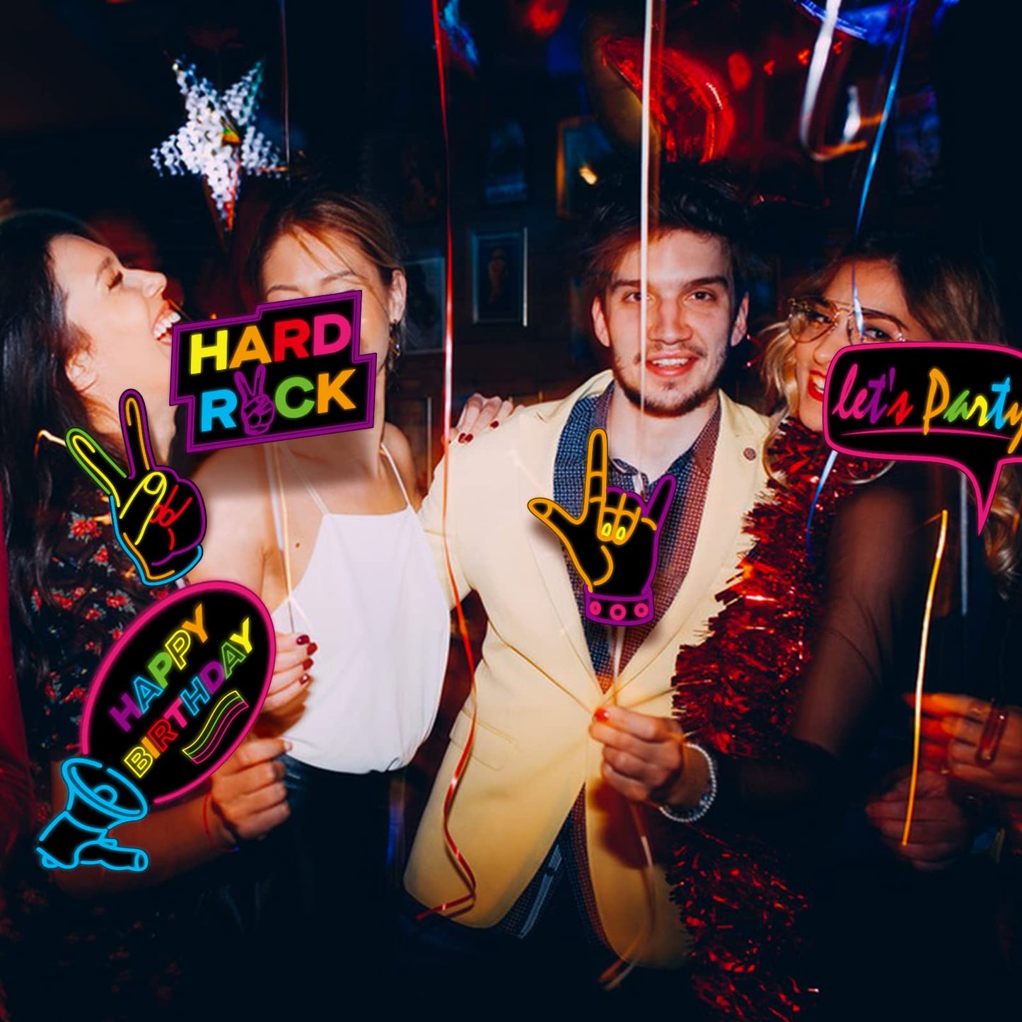 KEPATO 16 Pcs Glow Neon Photo Booth Props with Stick Fluorescent Neon Party Supplies for Birthday Disco Black Light Party ﻿
