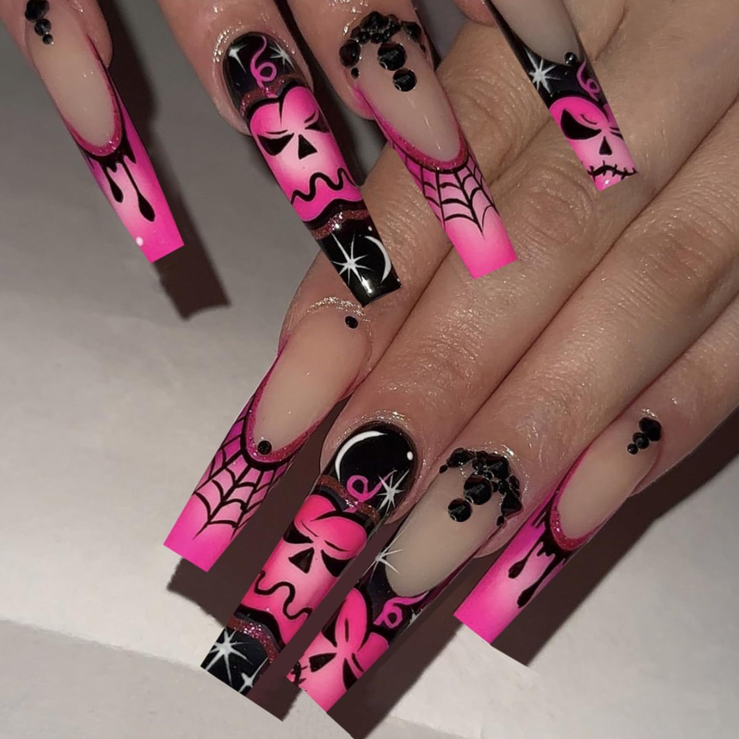 IMSOHOT Halloween Long Coffin Press on Nails, Pink Black with Spider Web & Pumpkin Acrylic Nails, 24PCS