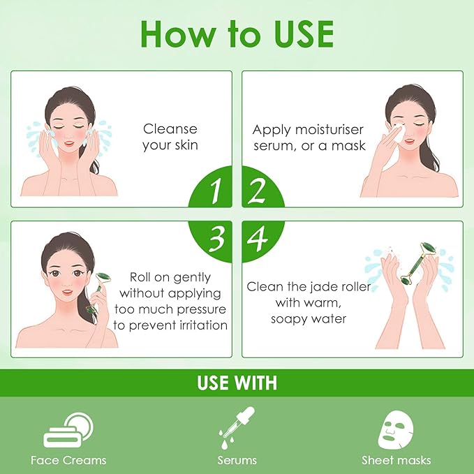 Jade Roller & Gua Sha Set, 100% Natural Facial Roller and Body Massage Skin Care Tools for Beauty, Increase Blood Circulation, Lymphatic Drainage & Reduce Wrinkles and Puffiness - Dark Green