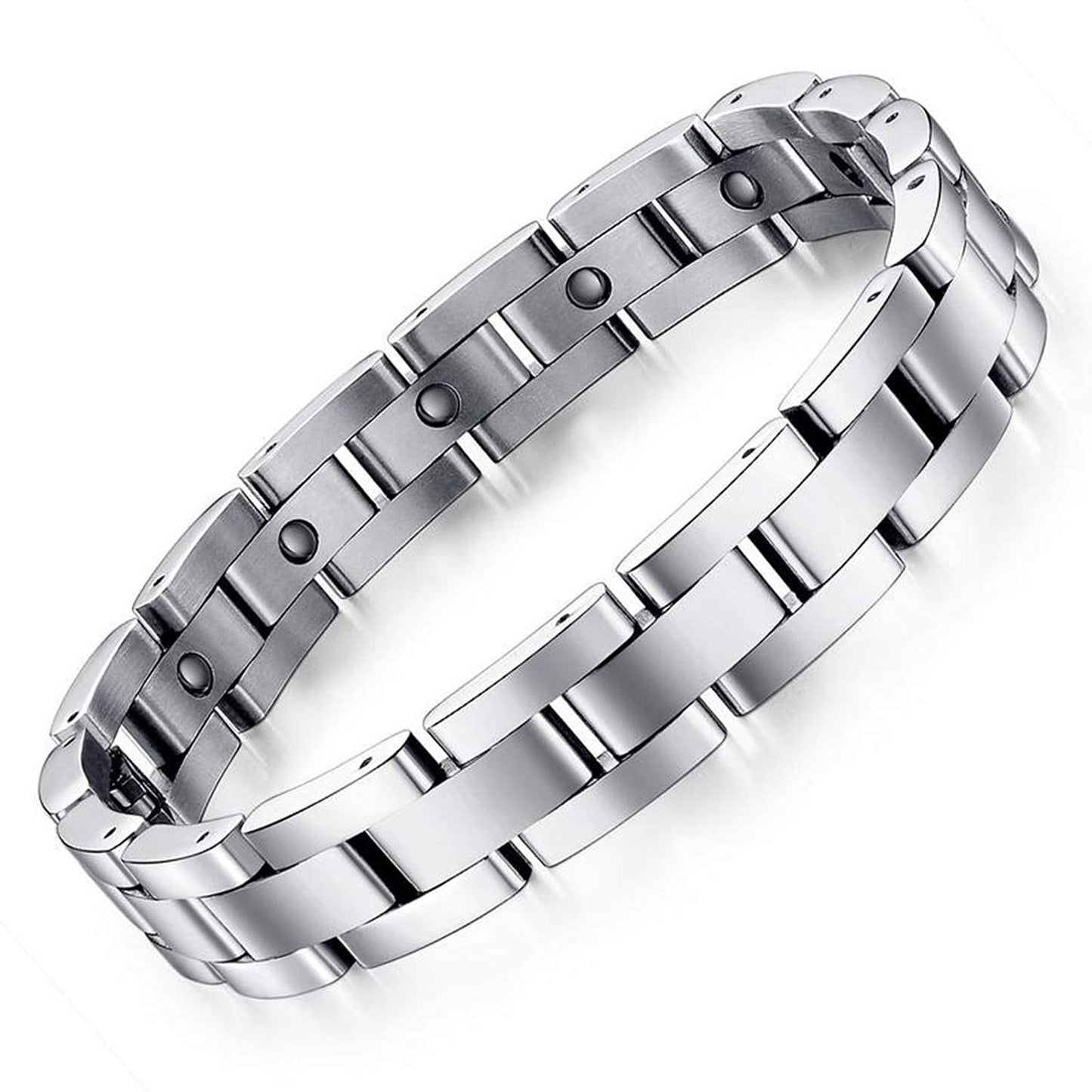 Feraco Magnetic Bracelets for Men Sleek Titanium Stainless Steel Magnetic Bracelet with Double Row 4 Elements Magnets Adjustable (Set of 2)