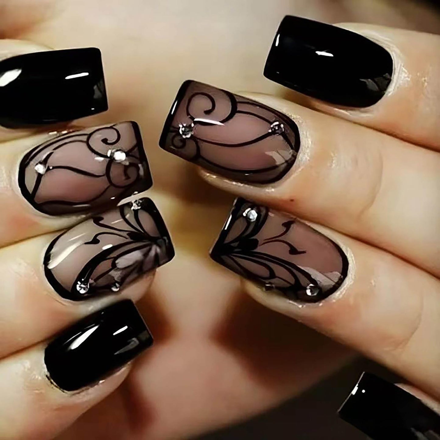 Rilafuvu Press on Nails Short Square Acrylic Fake Nails Black Glue on Nail with Design Full Cover False Nails Glossy Nails Press ons Short Stick on Nail for Women