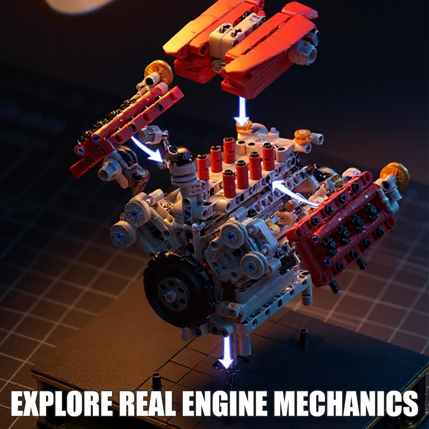 NERCISU V8 Engine Technic Building Blocks Set That Runs Smoothly, Build Your Own 8 Cylinder Visible Dynamic 488 Engine Model Kit with Motor, STEM Educational Gift for Adults & Boys Ages 8+(1123PCS)