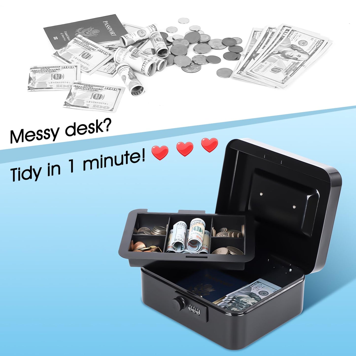 KYODOLED Cash Box with Combination Lock Safe Metal Money Box with Money Tray for Security Lock Box 7.87"x 6.30"x 3.35" Black