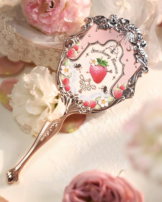 Flower Knows Strawberry Rococo Hand Mirror,Vintage Portable Handheld Mirror,Fancy & Pretty Princess Mirror with Long Handle,Gift for Girls(Soft Pink)