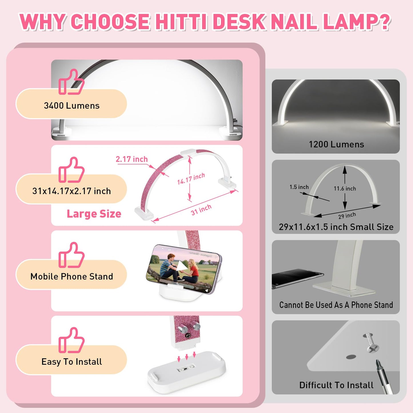 HITTI Super Large 31in Half Moon Light for Nail Desk, Foldable Arch Light for Nail Tech Lamp with Phone Stand, LED Table Lamp for Manicure, Handicraft, Art, Eyelash Extension (Crystal Diamond) -White