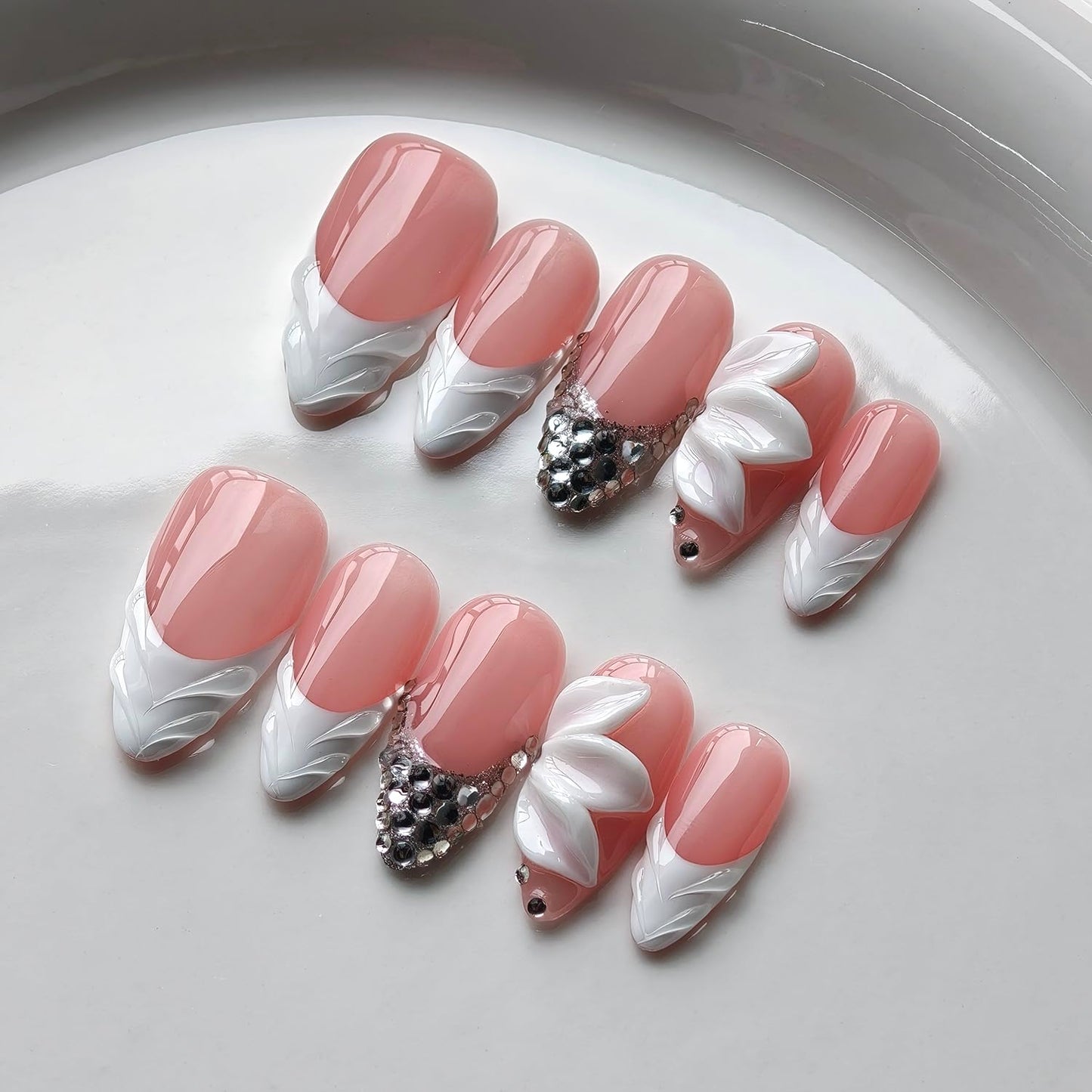 French Tip Press on Nails Handmade Medium Almond 3D Thick Acrylic Nails White False Nails with Flower Rhinestones Designs Elegant Pink Glossy Fake Nail Sturdy Art Press on Nail 10Pcs(S)