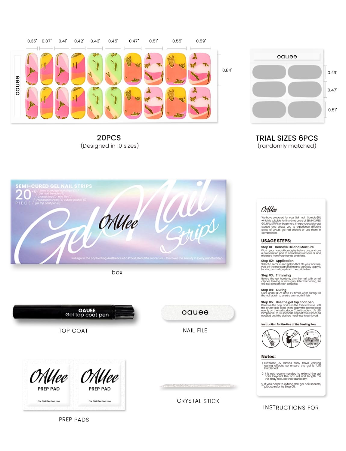 Oauee Semi Cured Gel Nail Strips | Built-In Gel Top Coat | UV Light Required | Salon Quality, Easy Application And Removal (Gilded Tropical）