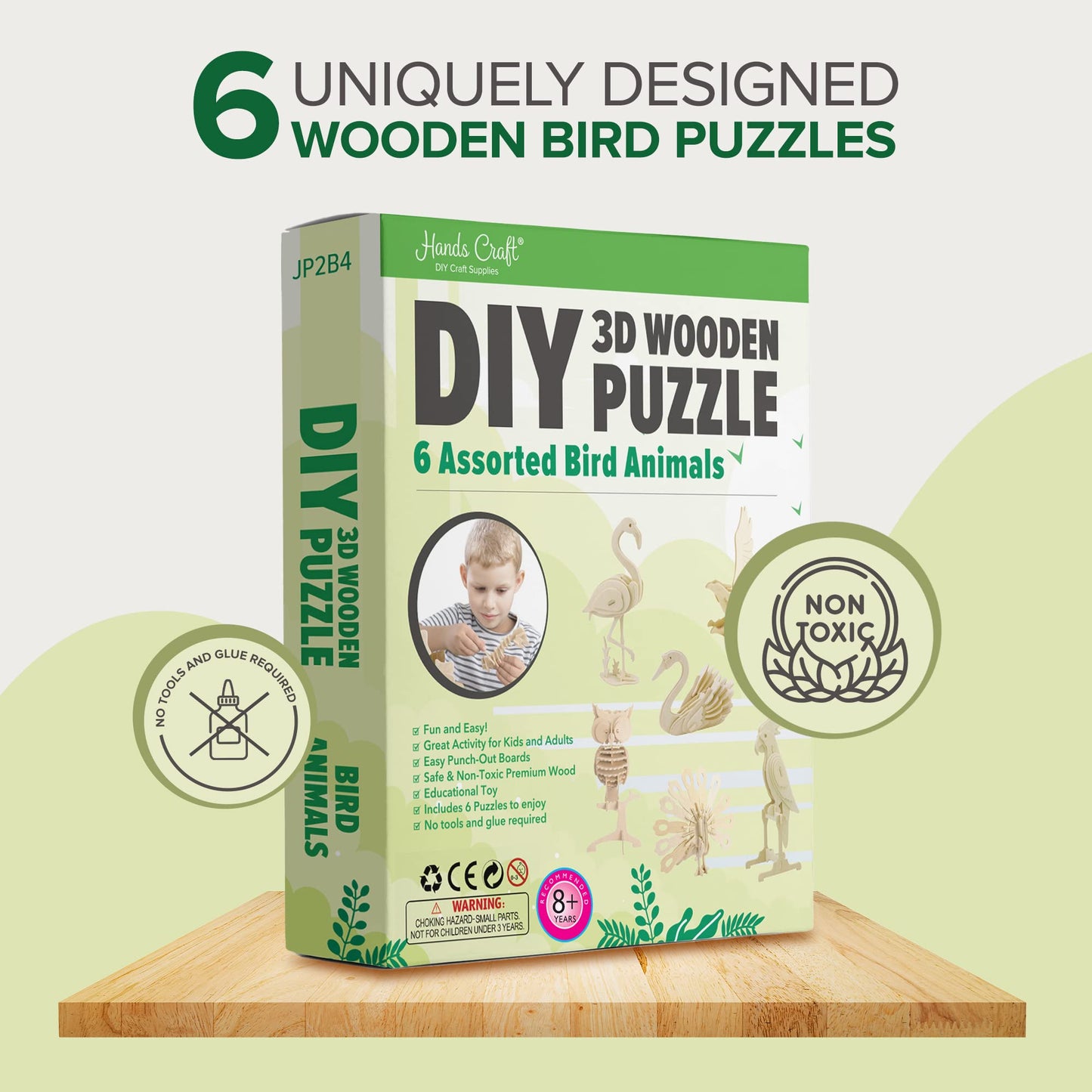 Hands Craft DIY 3D Wooden Puzzle – 6 Assorted Bird Animals Bundle Pack Set Brain Teaser Puzzles Educational STEM Toy Adults and Kids to Build Safe and Non-Toxic Easy Punch Out Premium Wood JP2B4